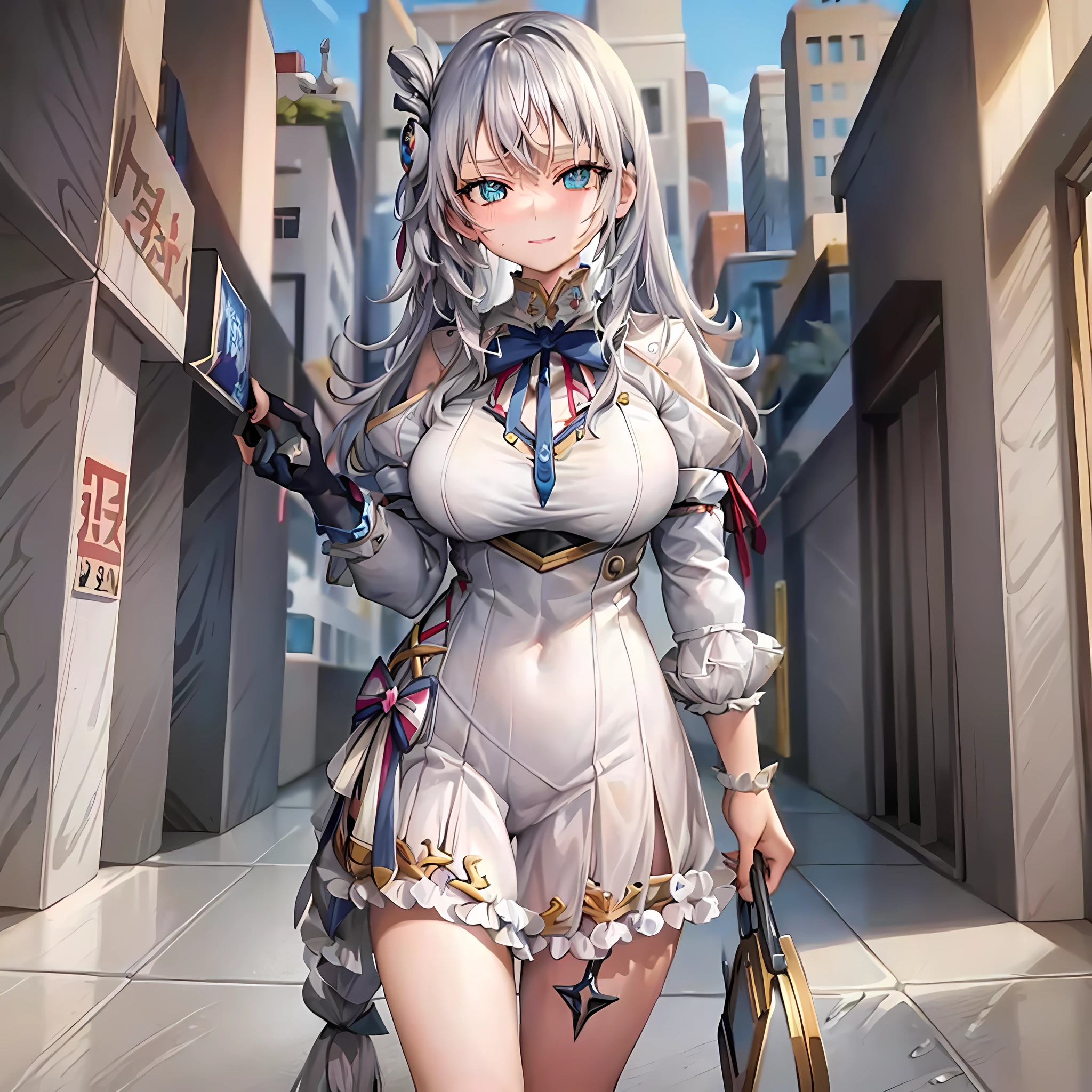 clothes reflecting light, (light diffraction on skin: 1.35), (glossy skin: 1.55), (iridescence effect: 1.55),anime, a woman with white hair and blue eyes smiling seductively is standing in a room, , process art, seductive anime girl, loli in dress, visual anime of a cute girl, girl with perfect white hair, anime moe artstyle,  fine details. Girls Frontline, From Girls Frontline, A Hyperrealistic Schoolgir, Anime Girl Wearing White Shirt with Blue Hair, Breasts, 1Girl, Neckline, Shirt, Long Hair, Blue Eyes, Drowning, Solo, White Shirt, Big Breasts, Wet, Wet Clothes, Blush, Short Sleeves, Bangs,(Masterpiece, Best Quality, Ultra-Detailed: 1.6), Illustration, (Solo, 1 Girl, Beautiful Detailed Eyes: 1.2), City, Street