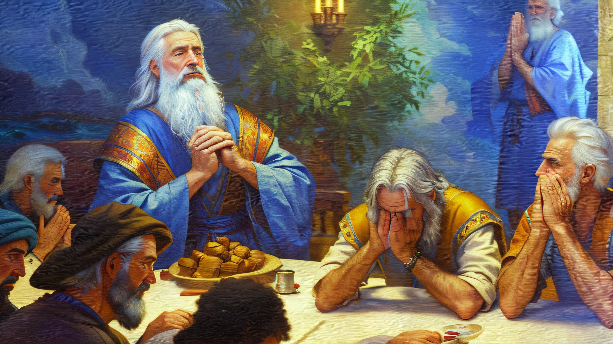 Photo Raw, (realistic), (masterpiece), (best quality), there is an elderly male man, Noah, with white hair and beards looking up at the sky with his hands joined, praying, solo, [(eyes high details)], (skin high details), [(hands high details)], people at the table pray together with Noah ,epic biblical representation, 8k, UHD, cinematic lighting, --s2