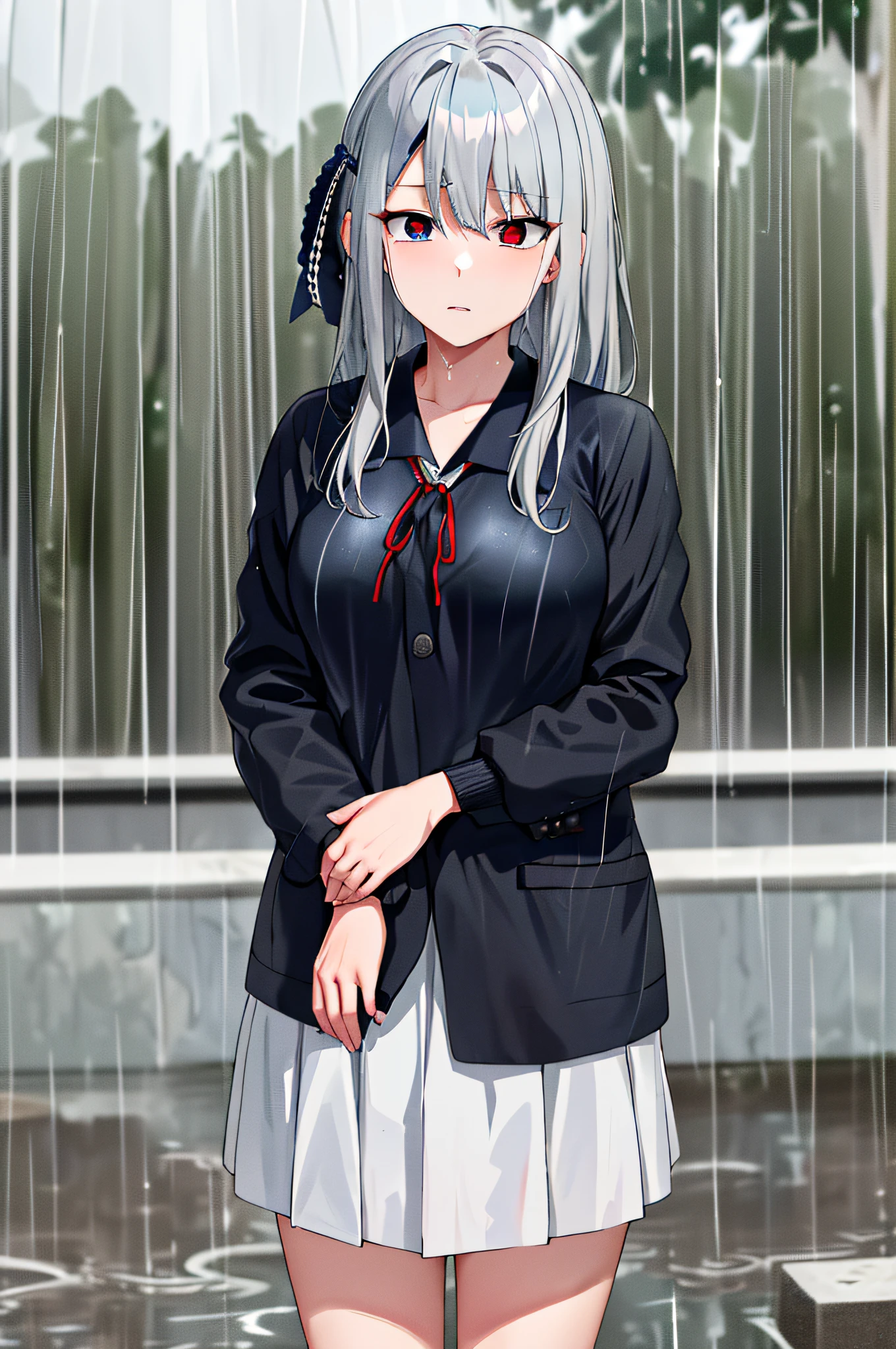 (masterpiece), (best quality), highres, ((((1girl she has gray hair with blue eyes and 1boy he has short black hair with red eyes who are classmates))))), ((((They have different hair colors and eyes do not confuse)))), (draws Kei and kiyotaka ayanokoji looking at each other), (2schoolmates who are Kei and kiyotaka ayanokoji looking at each other), (kei1), (1girl), solo, ((((she has blue eyes)))), (she has long hair), (she wears a school uniform), (she has ribbon), (she has bangs), collarbone, she has gray hair, she has black hair band, she has neck ribbon, hair between her eyes, she has medium breasts, cowboy shot, she is looking seriously at kiyotaka ayanokoji, anatomically correct whole body, is standing in the street with a heavy rain falling, this with a sad and worried face, full detallado scenary, (1boy), (kiyotaka ayanokoji), 15 year old teenager, school uniform white shirt black jacket open jacket red tie long black pants sitting, ((((he has red eyes)))), ((he has short black hair)), anatomically correct whole body, he has a jesus necklace around his neck, normal legs, wears black shoes, (he's looking at Kei1 or the girl), ((he's in front of kei wanting to give her his black jacket so she doesn't get wet so much)), is facing Kei, (emotional scene), (mysterious), (detailed full escenario), ((((They're drinking with a lot of passion and hugging)))), (((((They are being wet by the rain along with their clothes))))