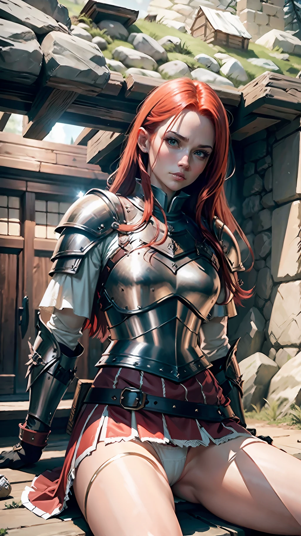 Redhead warrior, armor, medieval fantasy, D&d, RPG, ultra realistic, ultra detailed, best quality, 8k, wallpaper, steel breastplate, steel gauntlets, steel gloves, sitting, short skirt, red skirt, tiny panties, tight panties, white panties, panty view, upskirt, cameltoe, pantyshot, RAW,
