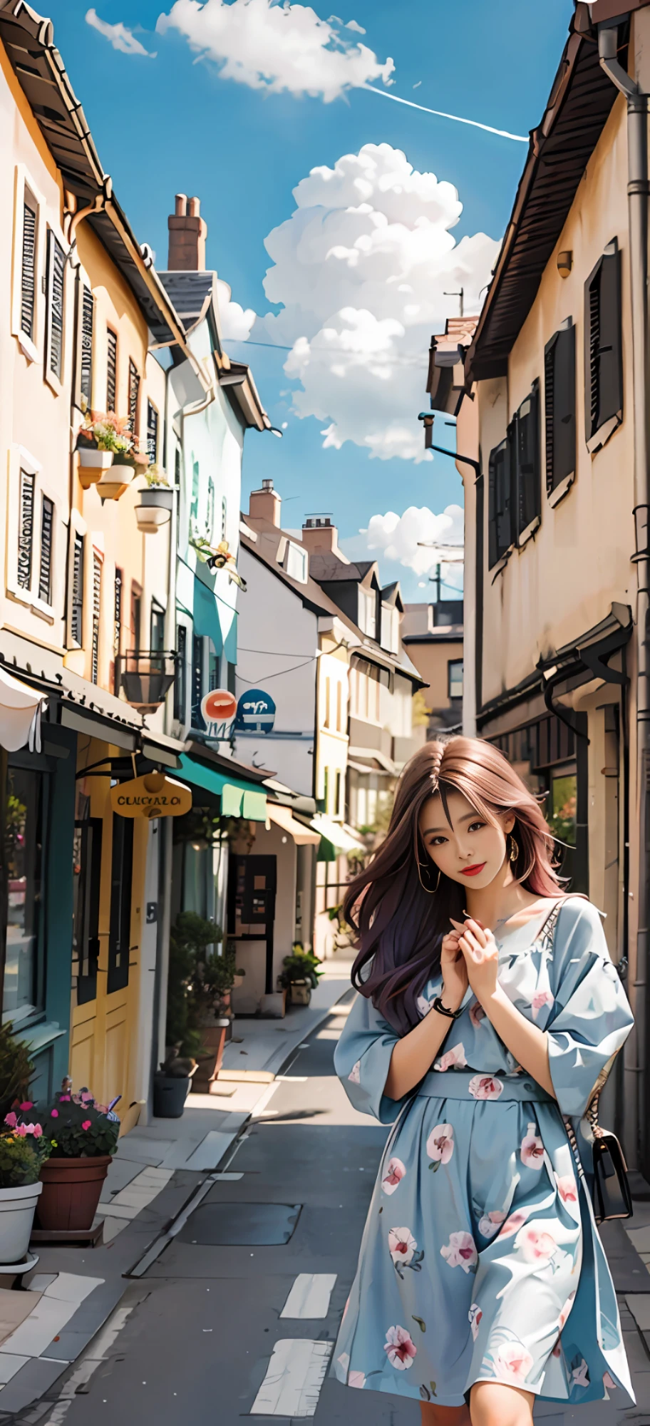 masterpiece, best quality, spring outfit, colorful hair,  outdoor,cloud ,upper body,