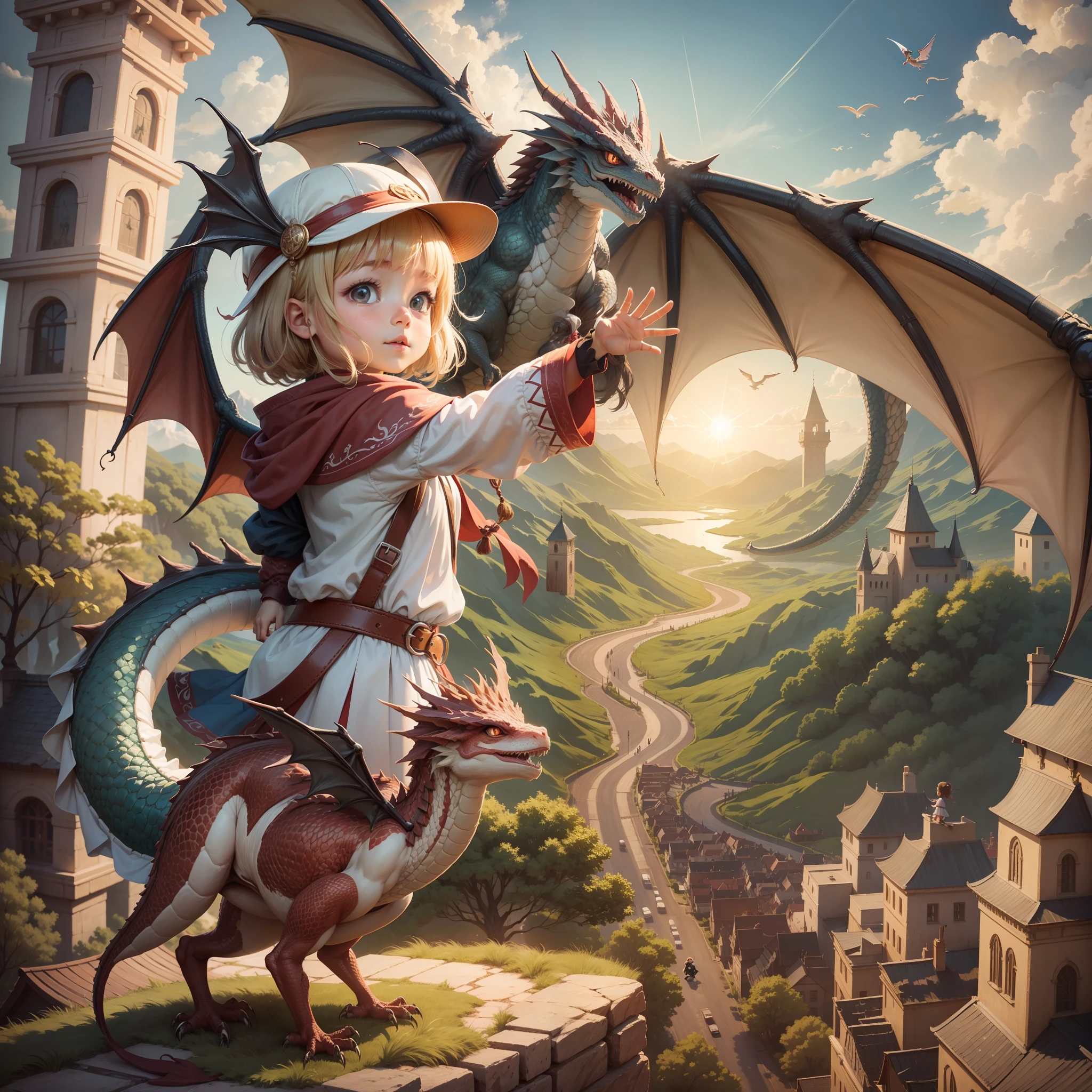 Cute waving at a dragon flying in the sky --auto --s2