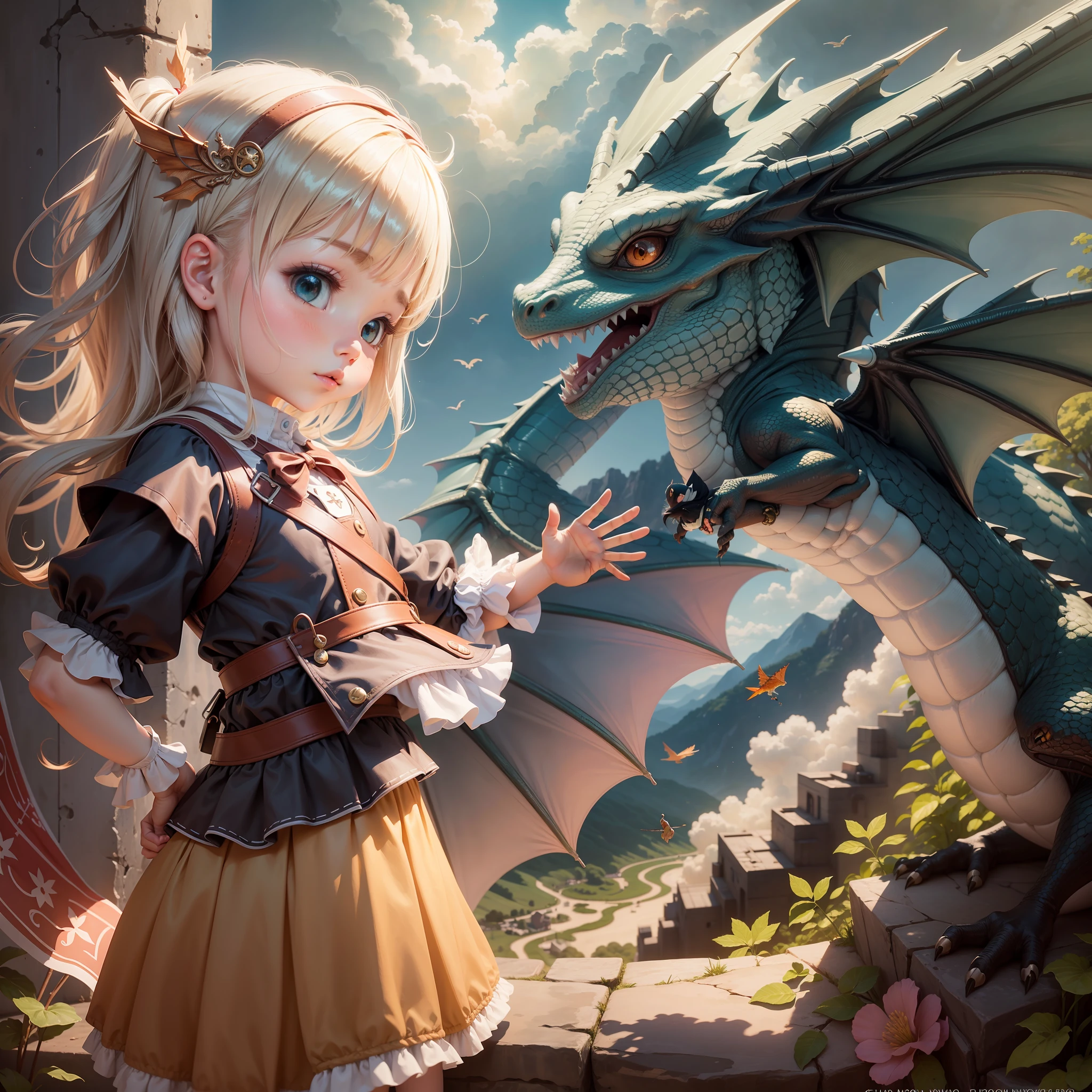 Cute little girl waving at a dragon flying in the sky --auto --s2