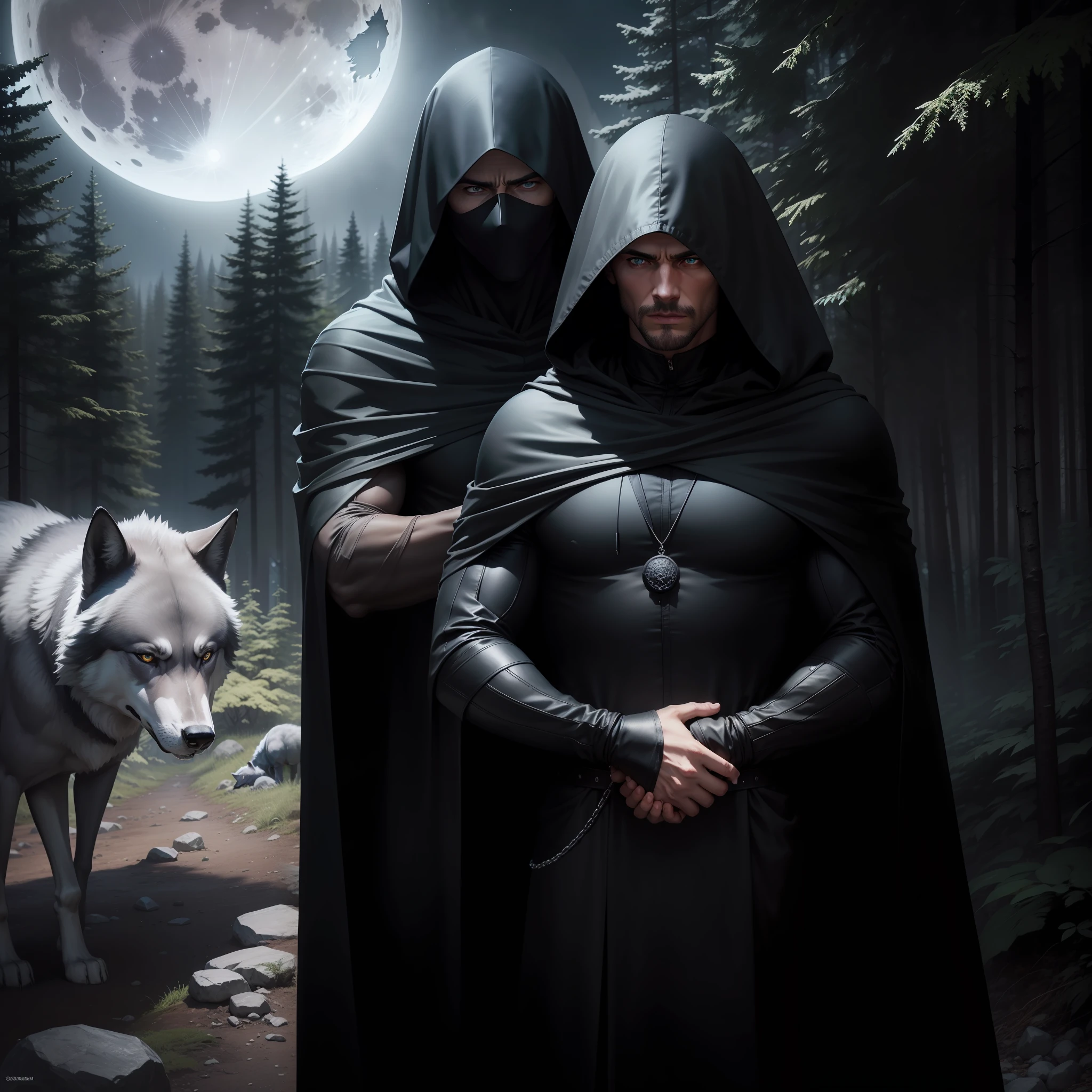 Ultra-realistic man in black clothes and black hooded cape covering his face next to a blue-eyed gray wolf in a forest with a full moon in the sky