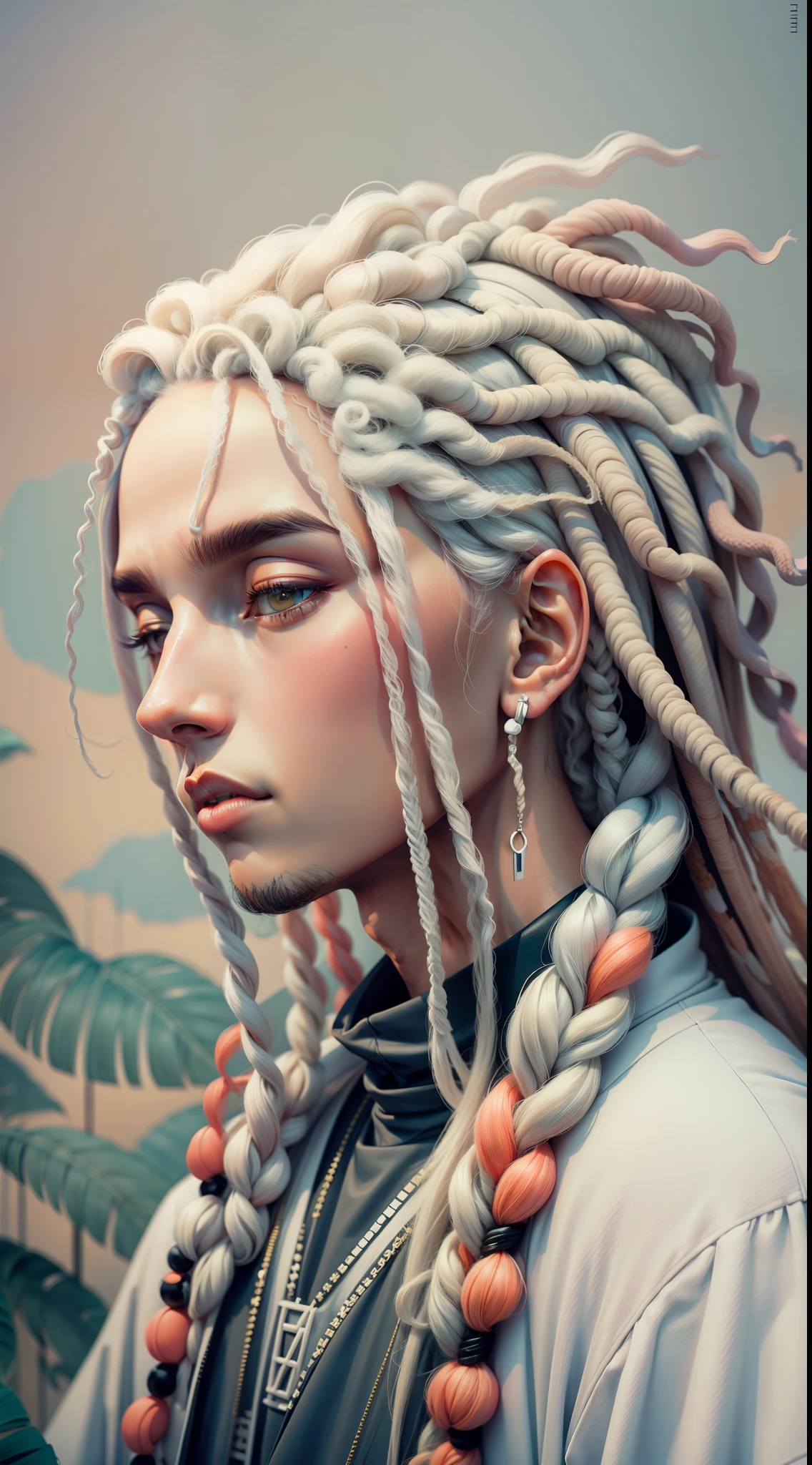 1rapper with dread hair, all-white modern outfit with black stripes, fog, detailed and realistic image, amazing composition with vintage scenery with abstract shapes,fundo minimalista abstrato com tentaculos,melt,drips,yoshitomo nara:1.5, wes anderson:1.3, novo casualismo, retrô, minimalismo