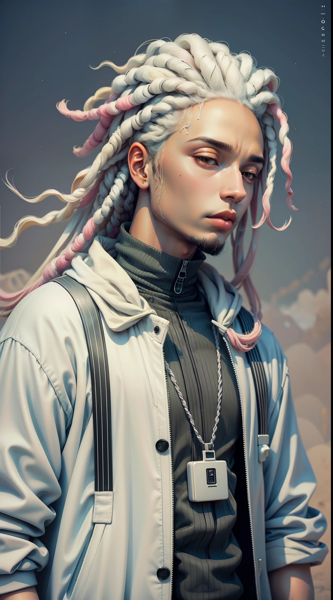 1rapper with dread hair, all-white modern outfit with black stripes, fog, detailed and realistic image, amazing composition with vintage scenery with abstract shapes,fundo minimalista abstrato com tentaculos,melt,drips,yoshitomo nara:1.5, wes anderson:1.3, novo casualismo, retrô, minimalismo