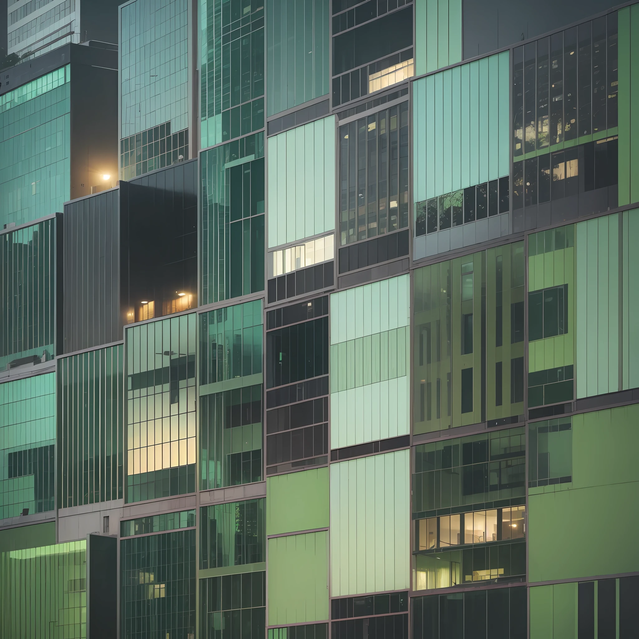 Make an urban landscape with green, bitter, melancholy, oppressive, people-free ambient lighting --auto --s2