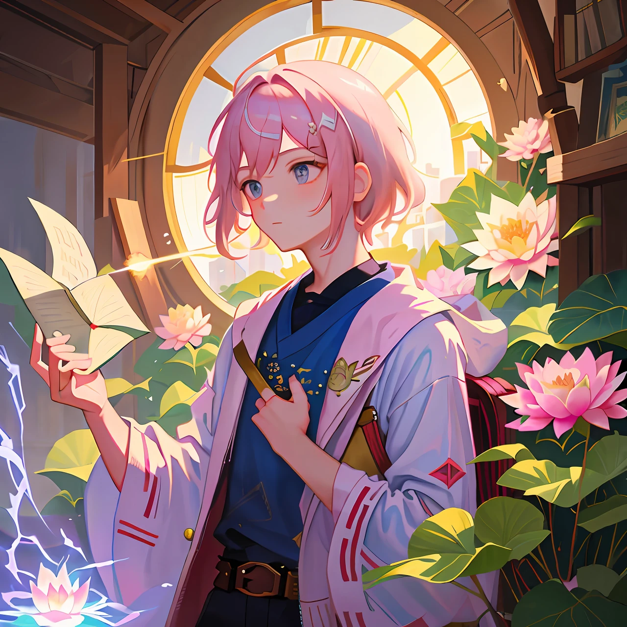 Masterpiece, boy, pink hair, genshin impact, sumeru clothes, cropped, lotus flower, flowers, thunder, book, light