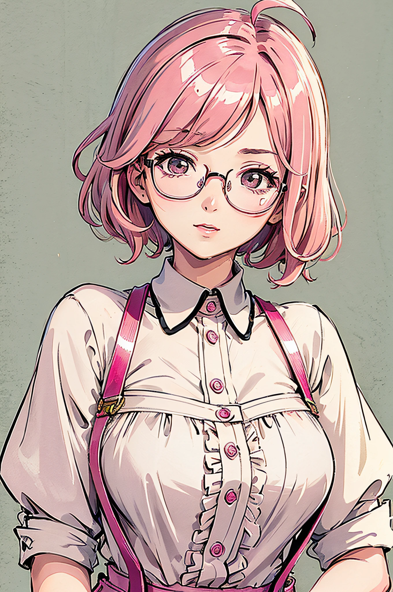 (masterpiece:1.2, best quality), (dinamic lighting) 1lady, solo, short hair, big breasts, (shiny skin:1.2), upper body, glasses, modern, wavy pink hair,pink Suspenders, flower on ear, harajuku style, hair pin, **** ,ahoge