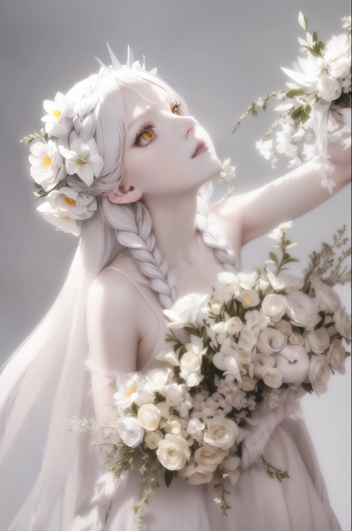 (((Superb Masterpiece))), Gray Hair, ((Golden Eyes), ((Delicate Gothic White), ((Looking Up)), Upper Body, ((Hair)), ((Fair Skin)), Side Braids, ((Flower-filled Prairie)), Sunny