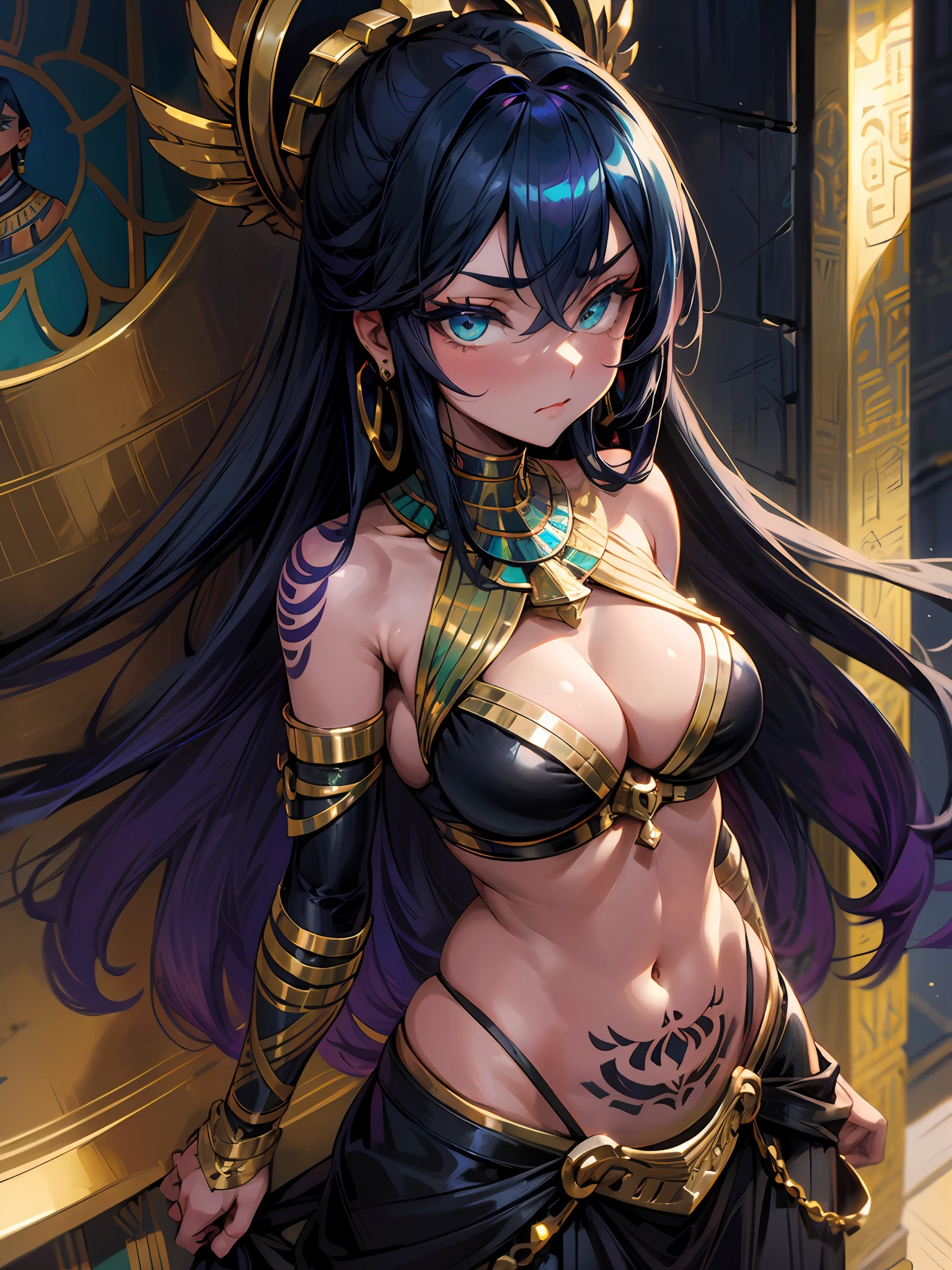 Masterpiece, best quality, illustration, 1girl, ((solo)), solo focus, arm tattoo, bracer, cleavage, medium breasts, long hair, navel, (Dark blue hair), purple skirt, solo, tattoo, thighs, toned, extremely detailed eyes, hands clasped in front position, masterpiece, best quality, absurdres, ultra-detailed, soft lighting, looking at viewer, egyptian servant girls, wide hips, mature female, medium breasts, curvy, shy, (Aqua eyes), (detailed (Black) harem outfit), gold egyptian jewelry, ((shoulders) purple egyptian tattoo), royal gold egyptian pyramid, dutch angle, multiple (egyptian) servant girls in background,
