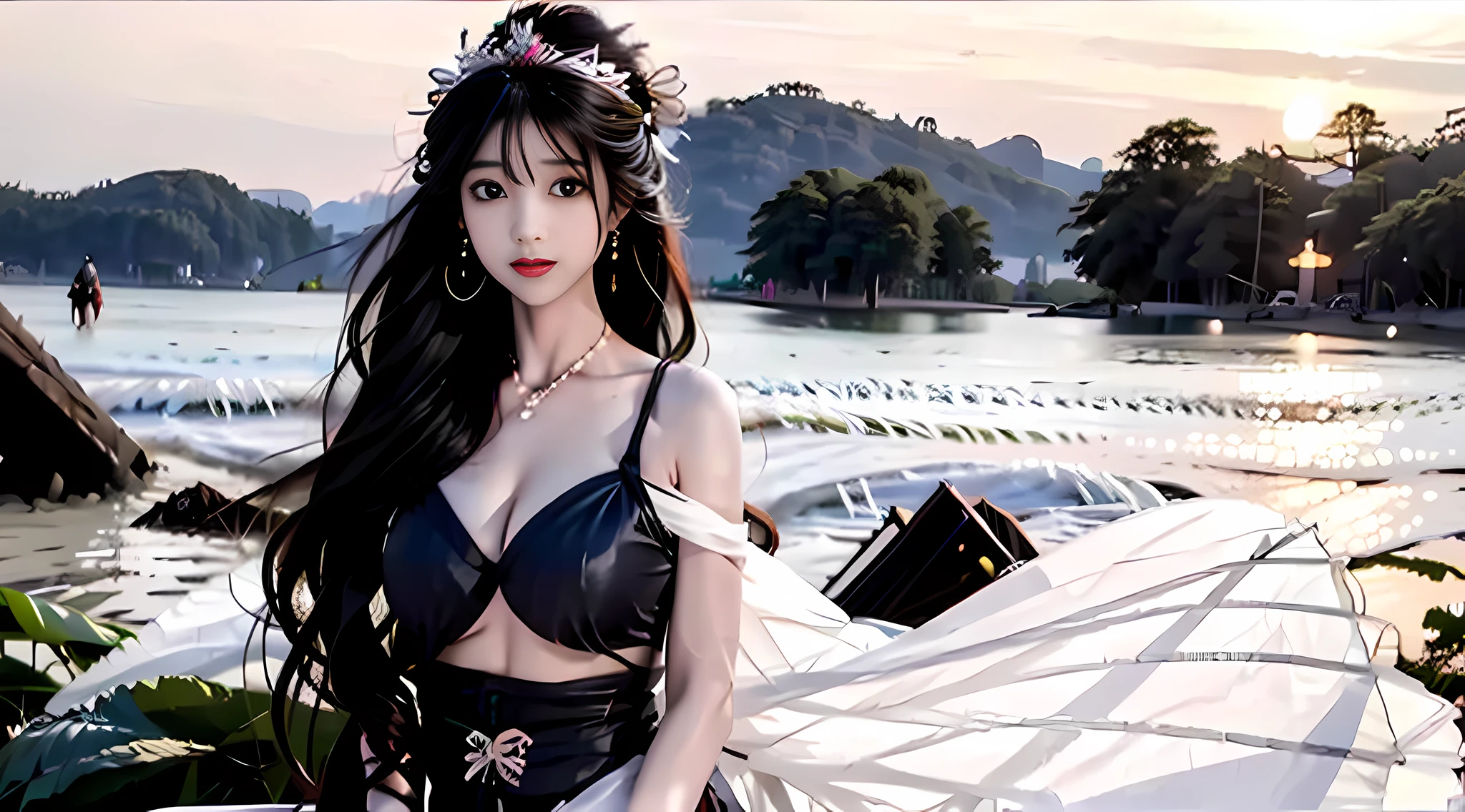 (Best Quality, Masterpiece: 1.1), (Fidelity: 1.4), 1 Girl, Long hair, beach, BDSM, Black Corset, Belly button, Big breast, White skin, Asian girl, sunshine, Long black hair, Chinese girl, 8k, Sexy girl, Perfect body, Sexy body, young woman