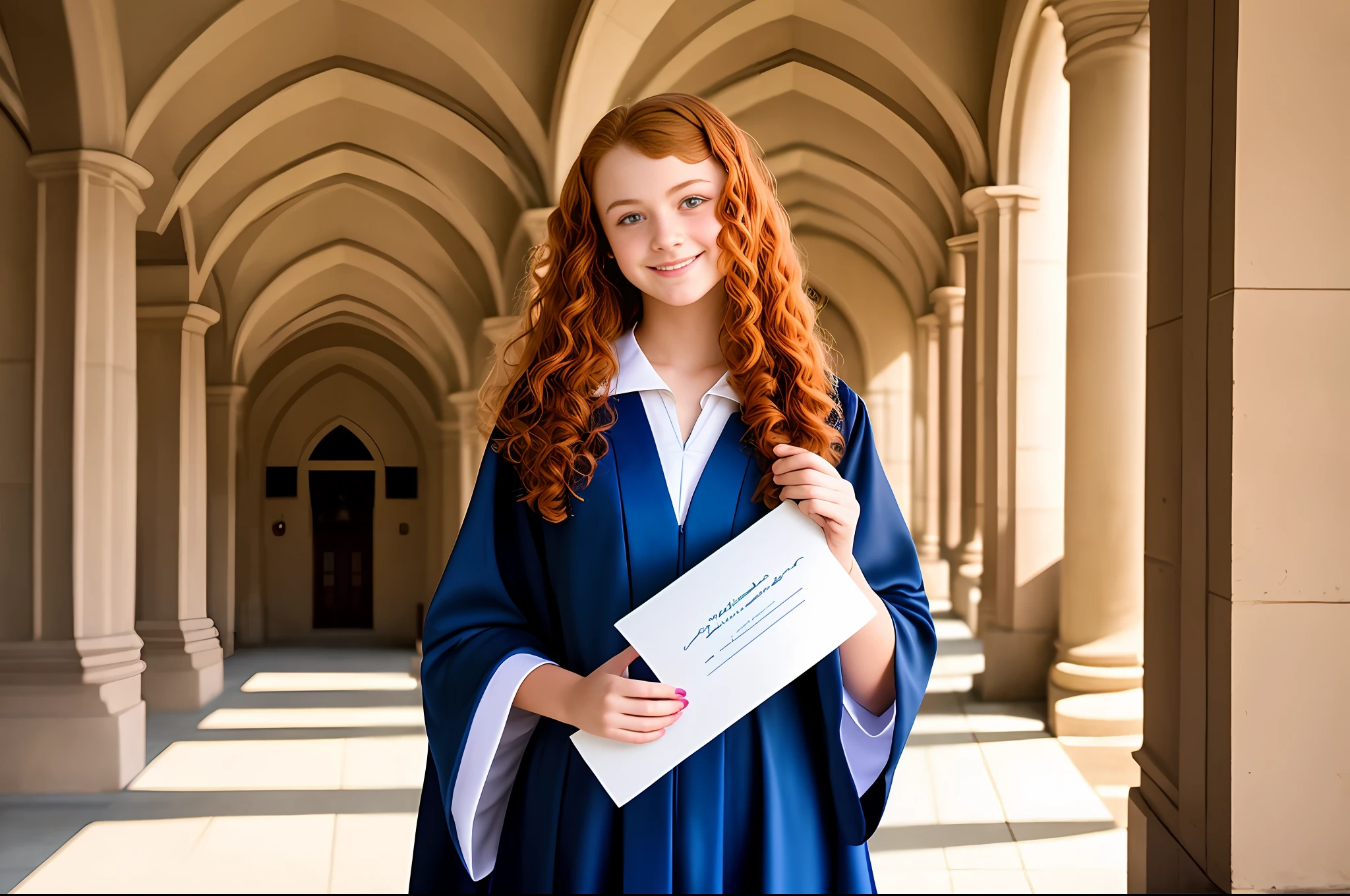 arafed woman in graduation gown holding a diploma and smiling, wearing an academic gown, graduation photo, portrait of high school girl, academic clothing, wearing robes and neckties, post graduate, robed renaissance scholar, age female schoolgirl, sadie sink, photo of young woman, high school, by Juan O'Gorman, a redheaded young woman
