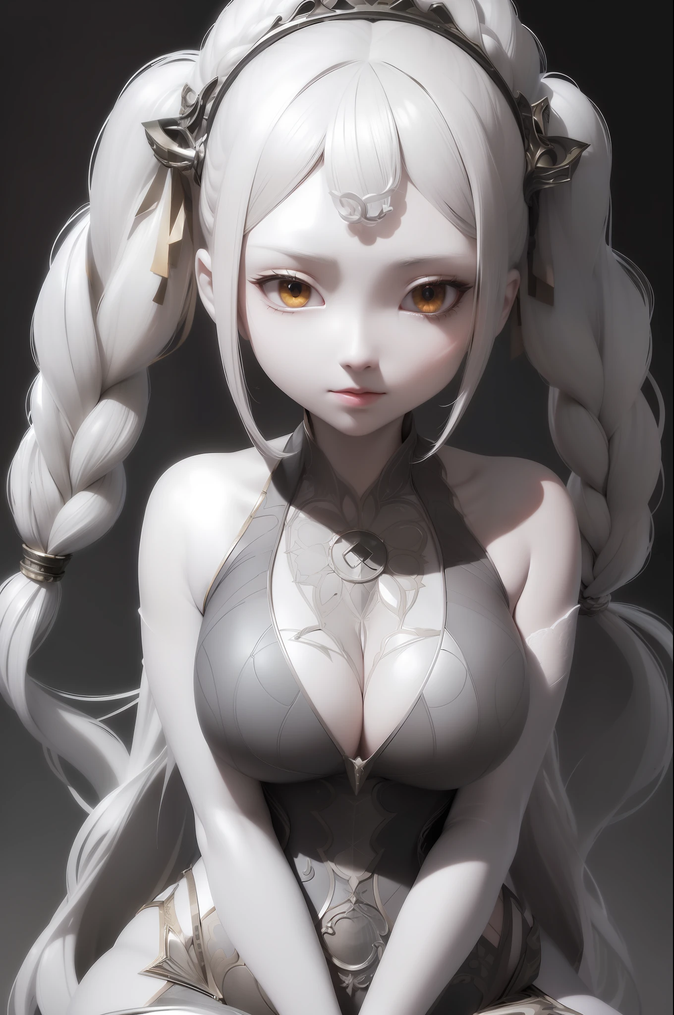 (((Excellent, Masterpiece))), Gray Hair, ((Bright Golden Eyes)), ((Large Eyes)), ((Realistic Skin Texture)), (((White)), ((Side Head)), Upper Body, ((Hair), ((Fair Skin)), Side Braids, Maximum Clarity and Clarity, Multi-layer Texture, Albedo and Highlight Maps, Surface Coloring, Accurate Simulation of Light-Material Interactions, Perfect Proportions, Octane Render, Two-color Light, Large Aperture, Low ISO, White Balance, Rule of Thirds、8K RAW、