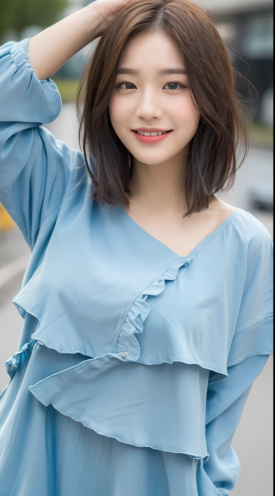 ((Best Quality, 8K, Masterpiece:1.3)), Focus: 1.2, Perfect Body Beauty: 1.4, : 1.2, ((Layered Haircut, Breasts: (Wet Clothes: 1.1), (Rain, Street:1.3), Bandeau Dress: 1.1, Highly Detailed Face and Skin Texture, Fine Eyes, Double Eyelids, Whitening Skin, Long Hair, (Shut Up: 1.3), Smile