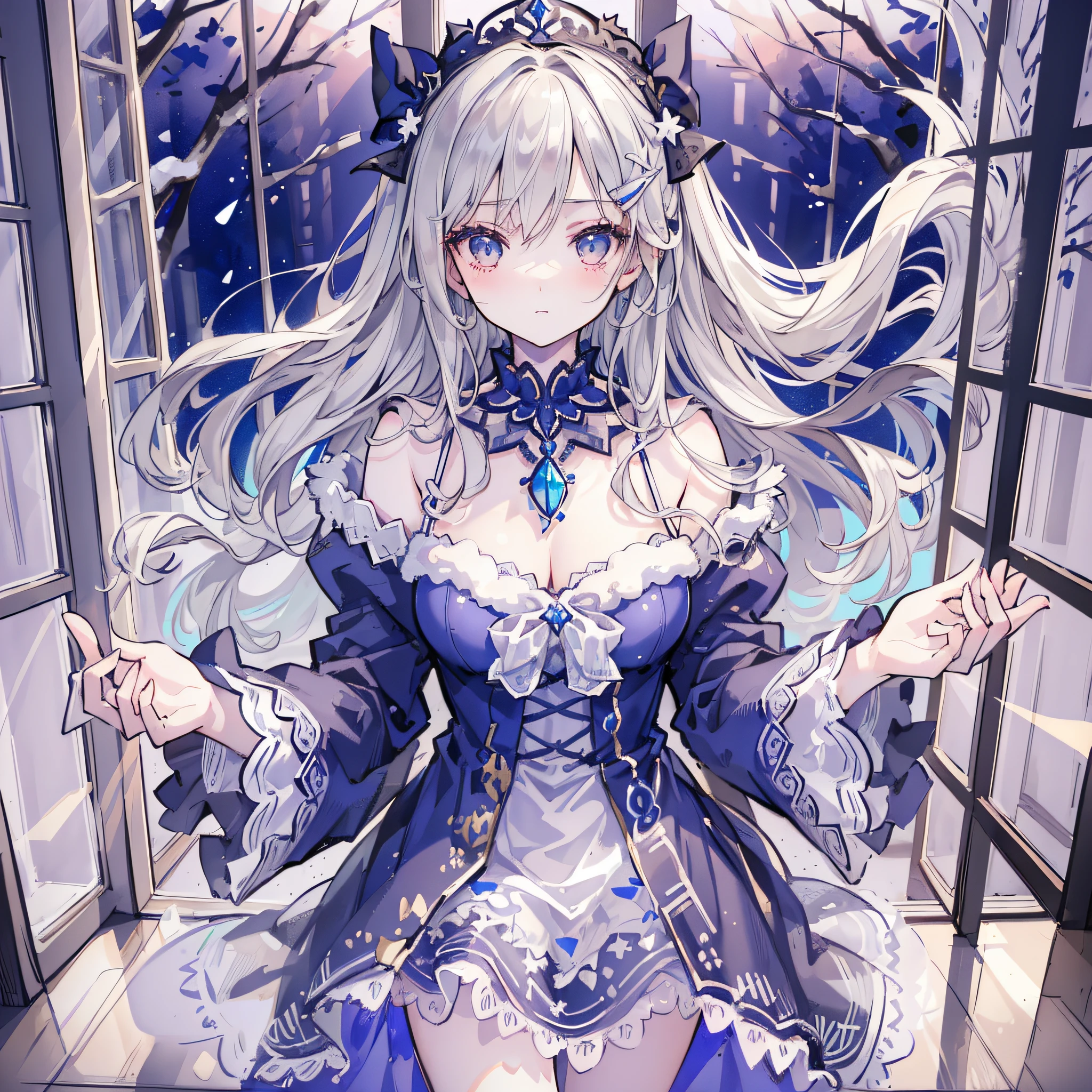 (masterpiece), (best quality), (1 girl)), amazing, beautiful detail eyes, fine details, depth of field, original, (best quality), ((super detailed)), (best illustration), (best lighting, best shadow), (very delicate and beautiful)), very detailed wallpaper, dream background, from view, landscape, young girl, loli, full body, long white hair, ((gray eyes)), beautiful detailed eyes, medium breasts, (((cobalt dress)), fluffy long sleeves, hair accessory, necklace, winter, light, light makeup, interior, blush, looking out the window, wind blowing, floating, standing on table, glass window, giggling, black stockings