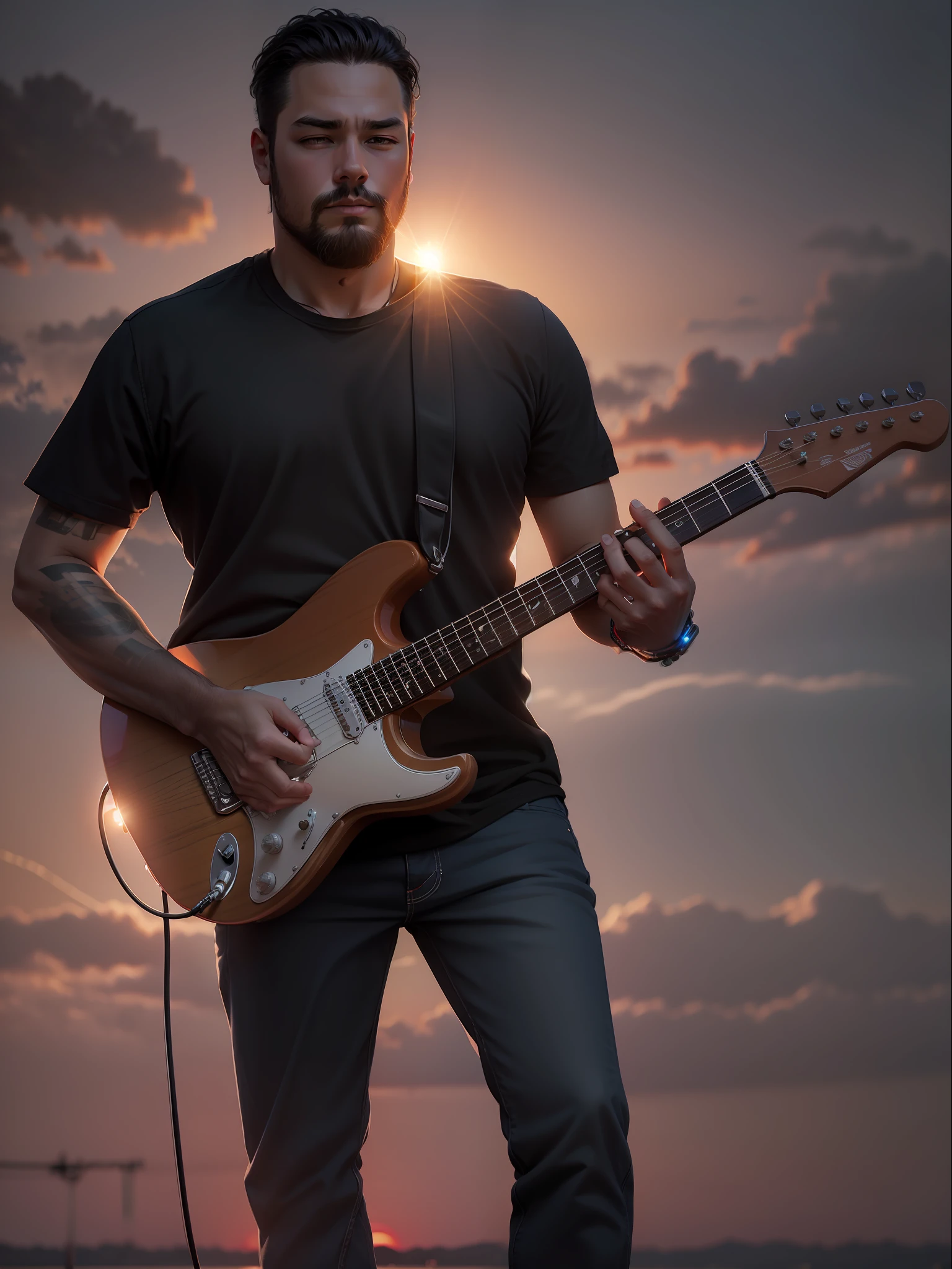 playing electric guitar, sunset, masterpiece, ultra-detailed, straight lines,