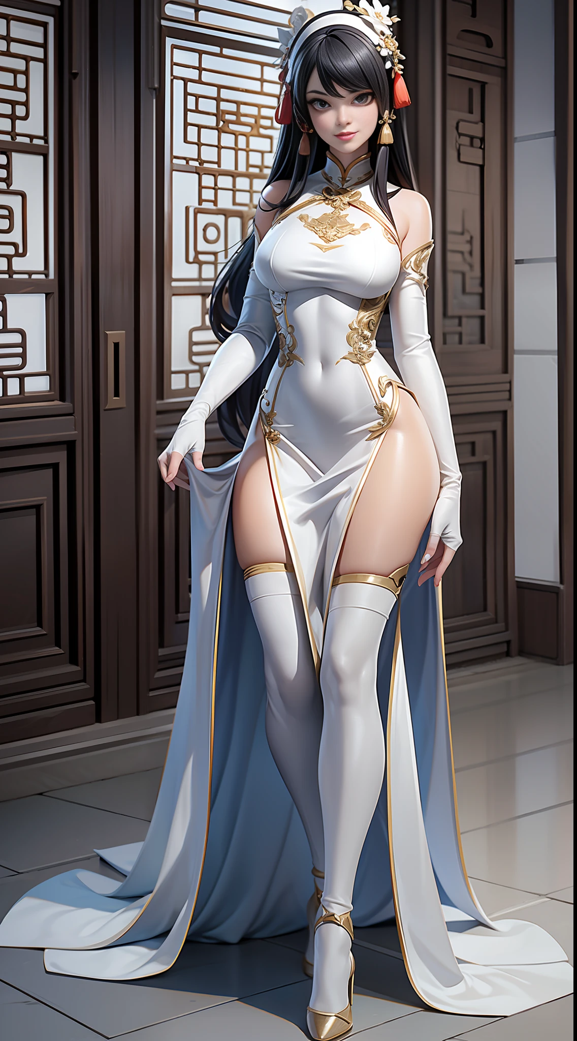 full body picture Unreal Engine 5 8K UHD of beautiful female, tight Chinese white dress, long glove, luxurious accessory, high heels, Chinese style hair, beautiful make up, best quality, masterpiece