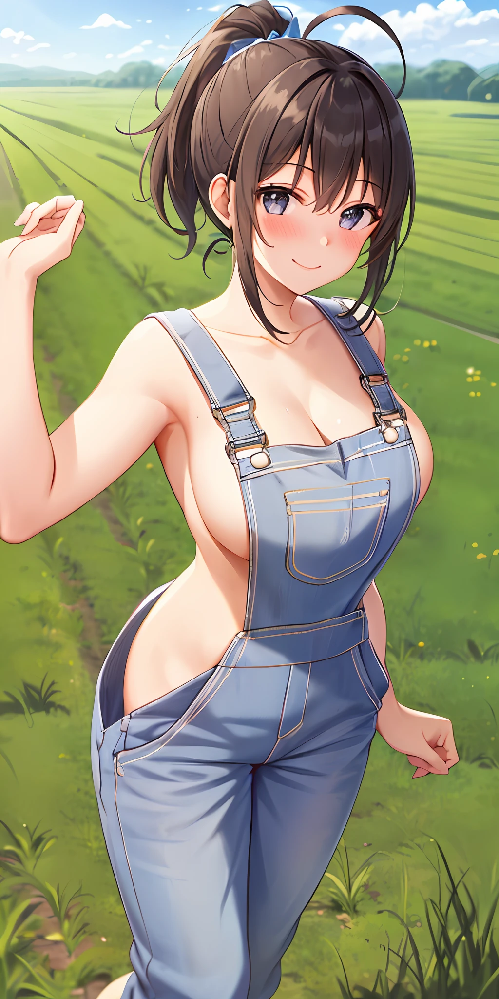 1girl, solo, ponytail, (naked:1.3), (overalls), large breasts, farm background, smiling, (blushing:1.2), pov