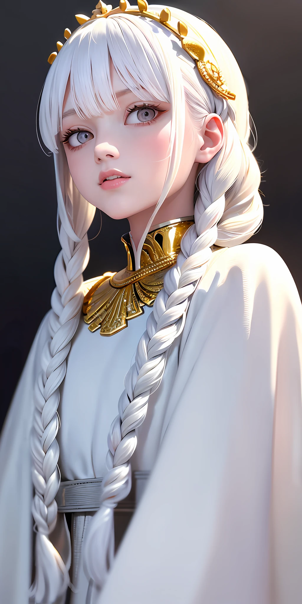 best quality, masterpiece,white hair, gold eyes,white clothes, looking up, upper body,hair strand,Fair skin,side braids