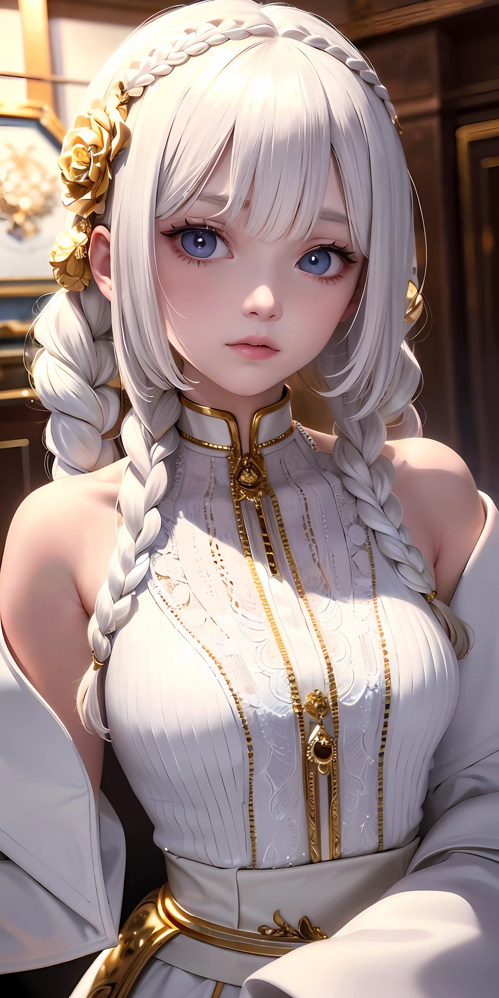 best quality, masterpiece,white hair, gold eyes,white clothes, looking up, upper body,hair strand,Fair skin,side braids