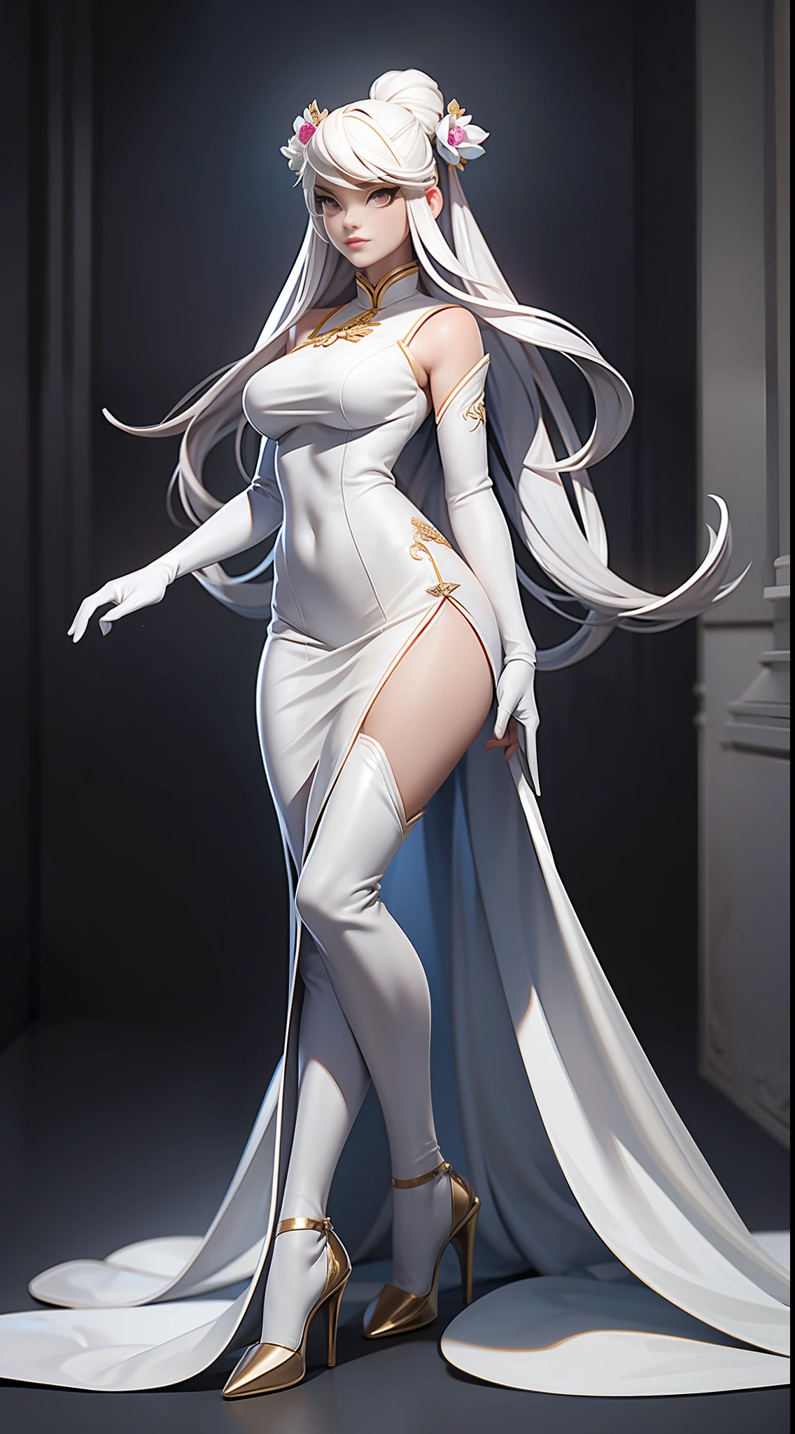 full body picture Unreal Engine 5 8K UHD of beautiful female, tight Chinese white dress, long glove, luxurious accessory, high heels, Chinese style hair, beautiful make up, best quality, masterpiece