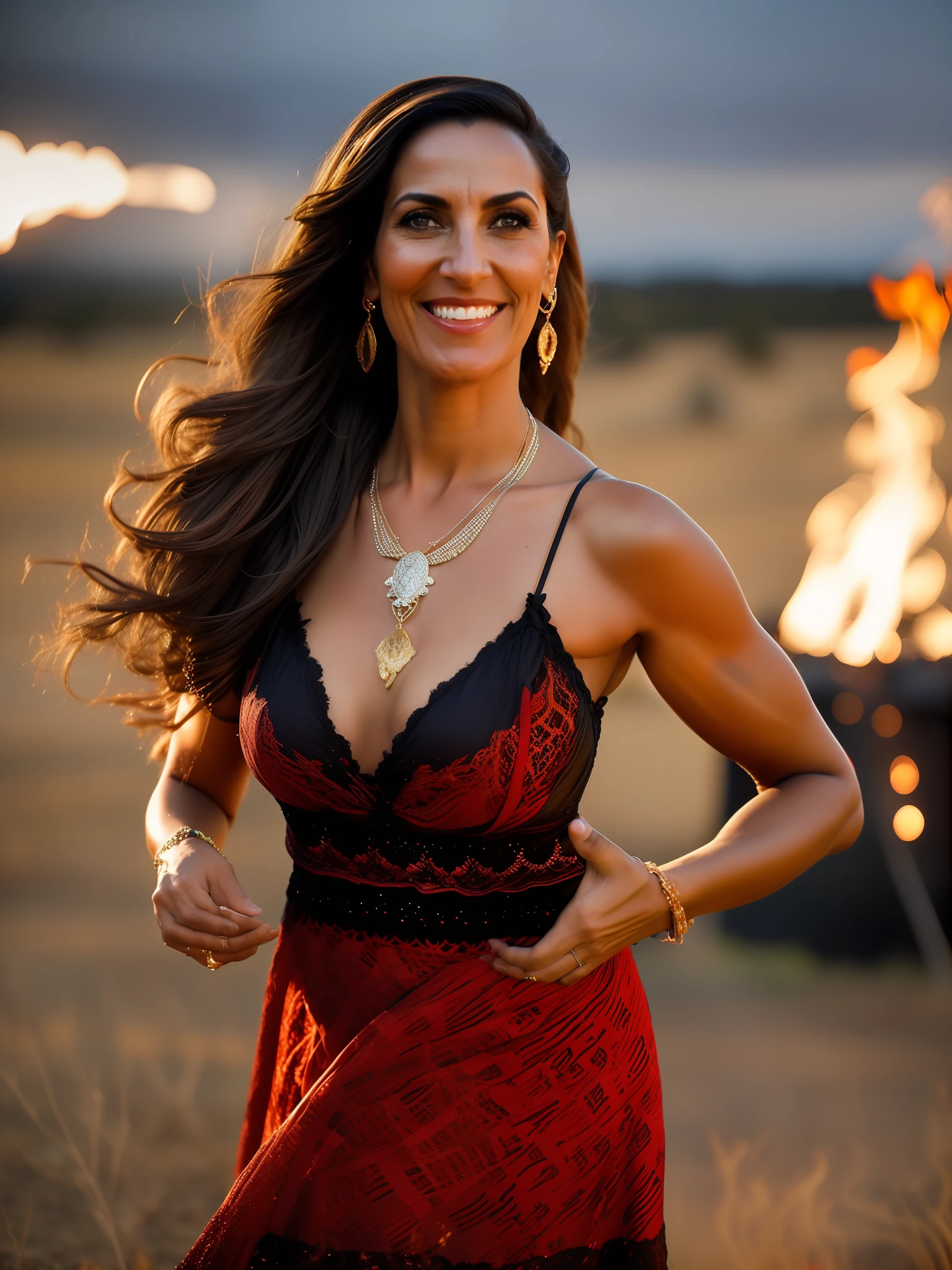 Portrait of a 40-year-old Spanish woman, very long and loose hair, cheeky dove-turning, piercing gaze, dancing in front of a bonfire in a savannah, black and red lace dress and golden jewelry.