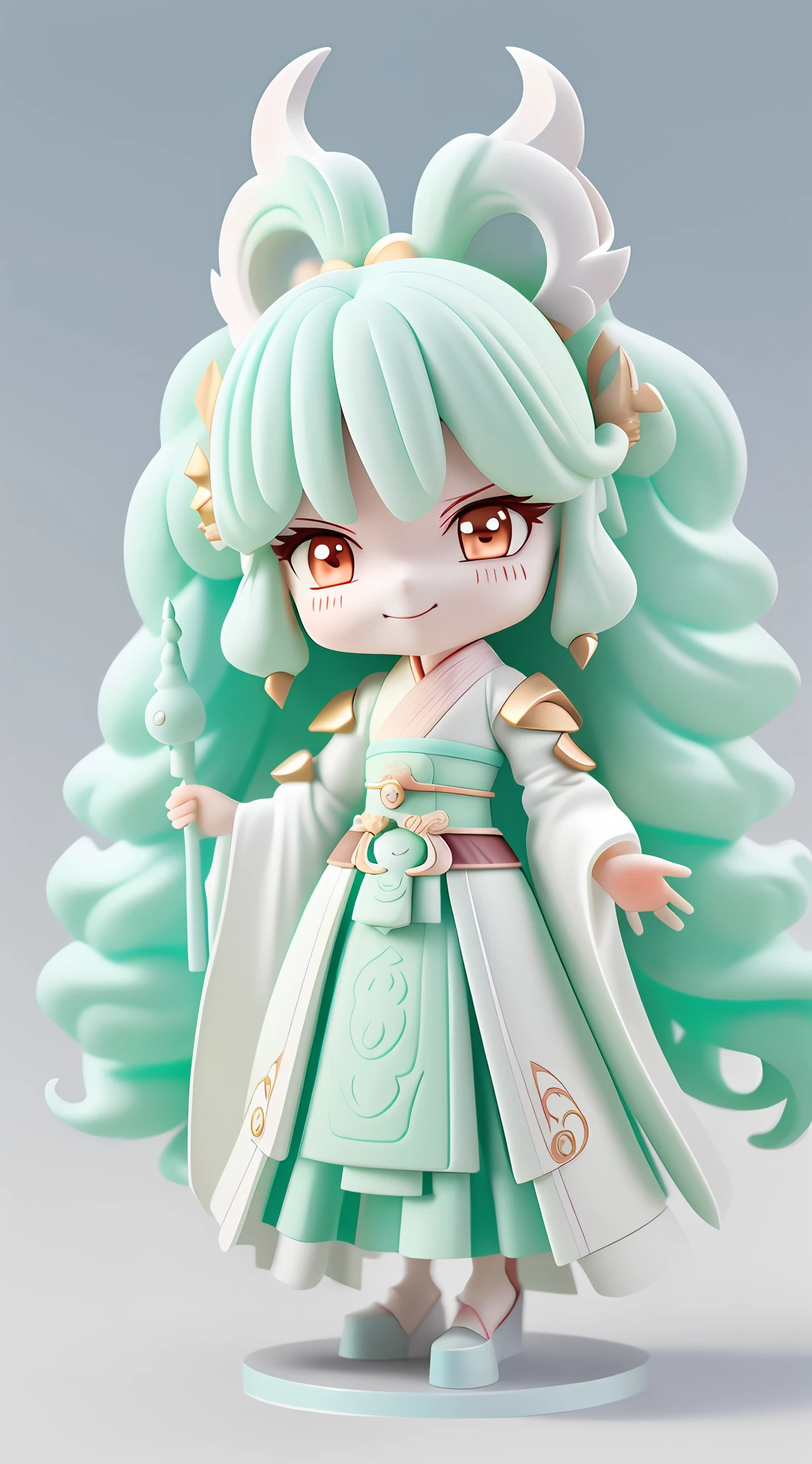 Dragon, long dragon horns, happy smile, (wearing Hanfu) fluffy, fluffy hair, soft ((best quality)), ((masterpiece)), (hair accessories)( extreme detail, highest detail, official art, beauty and aesthetics:1.2), depth of field, composition ( (full body) ), (chibi), (beautiful and detailed eyes: 1.3), (very happy:1) (light mint green and gradient white), popmart blind box, clay texture, cloud decorative background, natural light, best quality, Super Detail, 3D Art, C4D, Blender, OC Renderer, 3D Rendering, 8K