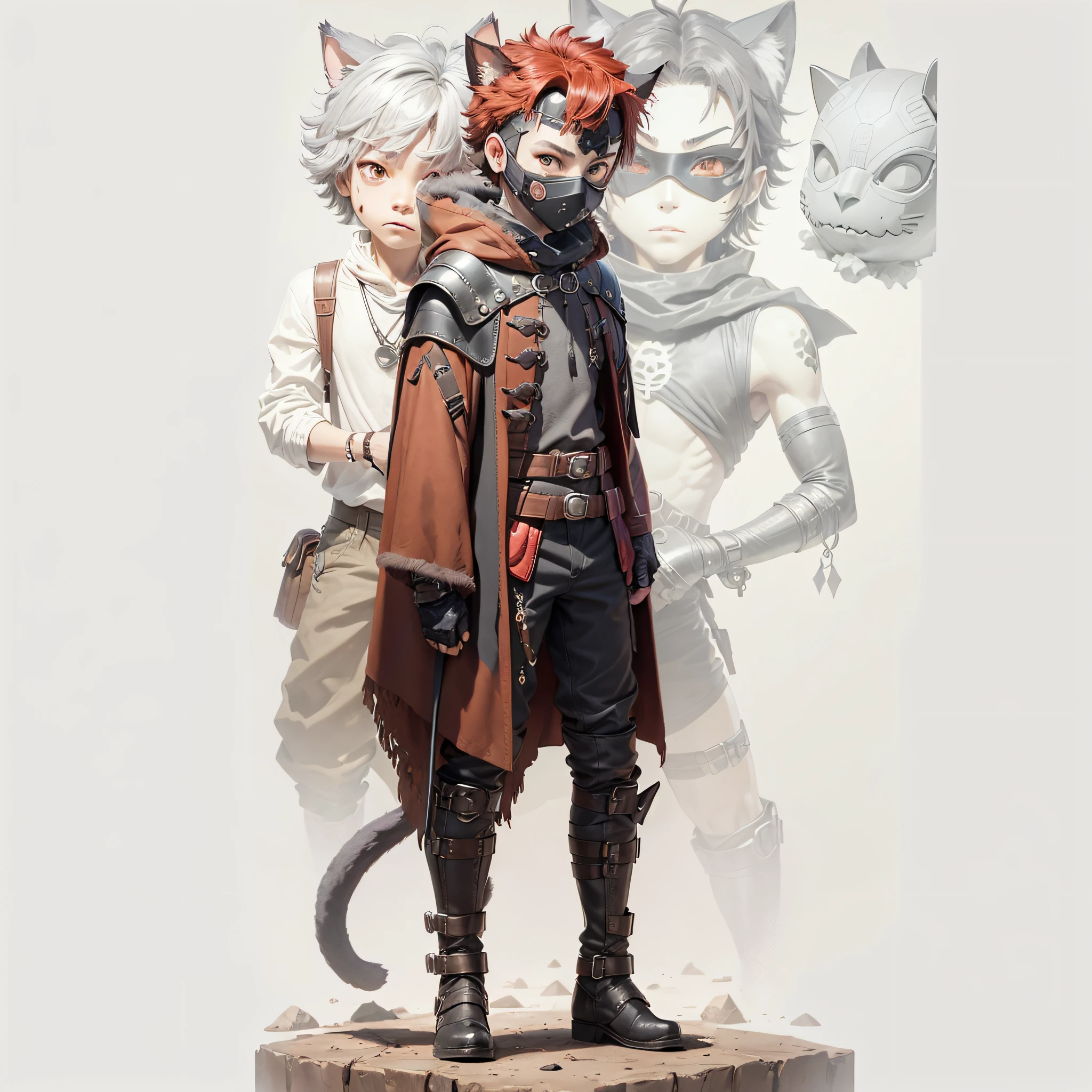an adventurous traveling boy, red cloak, desert hunter, ((half boy half cat)), (((anthropomorphic cat)))), ((gray cat fur)), protective underwear, long leather boots tied, ((cat ears)), ((cat's tail)), burgundy colored hair, red hair, ((opaque ochre metal mask divided into 2 parts, skull of the face and jaw)), ((mask of a turtle's head)), (mask with 2 large and 2 small eyes), (turtle theme mask), ((underwear in dark gray colors))