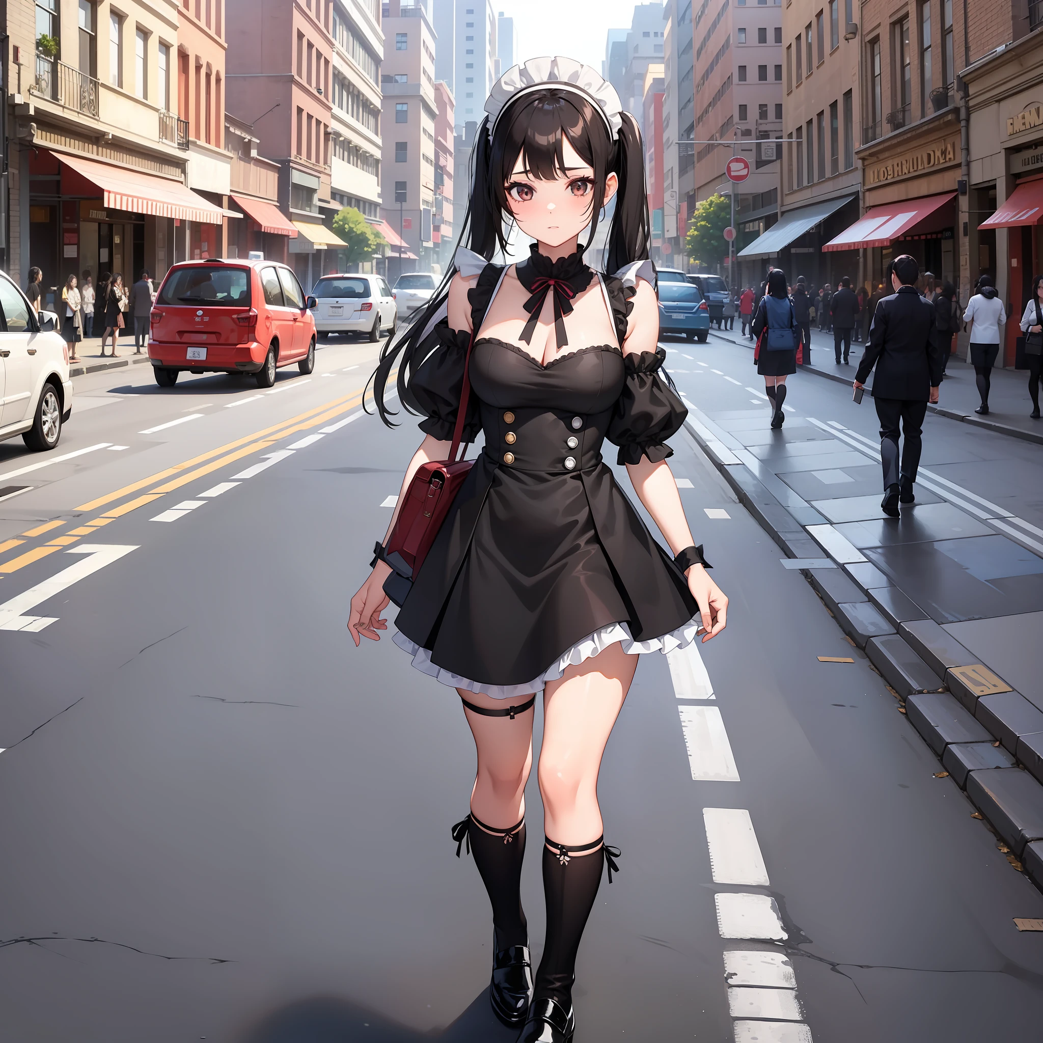 30 years age women, sexy maid outfit with headbands, perfect face, Glazed eyes, Long black hair hanging down in two pigtails, Streets in the city, brown eyes, zoom out, full body