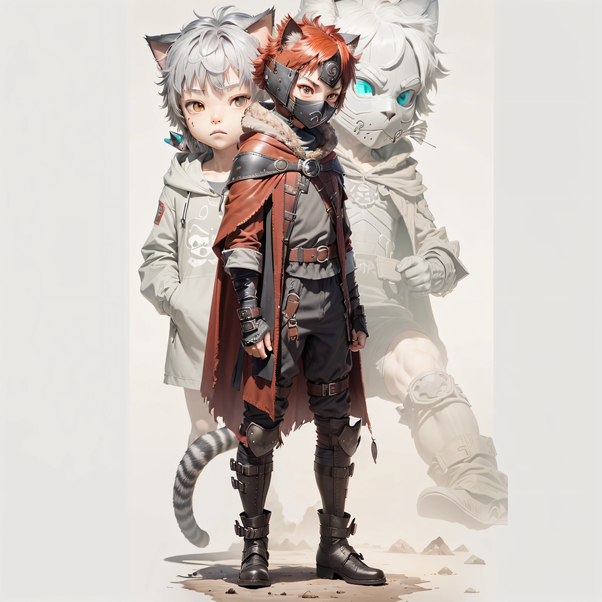 an adventurous traveling boy, red cloak, desert hunter, ((half boy half cat)), (((anthropomorphic cat)))), ((gray cat fur)), protective underwear, long leather boots tied, ((cat ears)), ((cat's tail)), burgundy colored hair, red hair, ((opaque ochre metal mask divided into 2 parts, skull of the face and jaw)), ((mask of a turtle's head)),  (mask with 2 large and 2 small eyes), (turtle theme mask), ((underwear in dark gray colors))