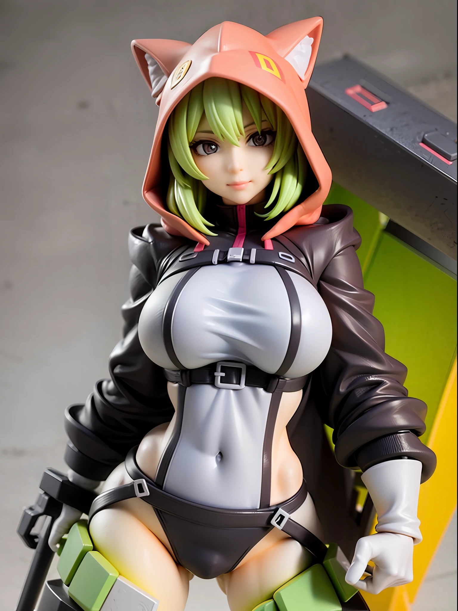 Girl, wearing a hood, neon color, holding a mysterious huge weapon, machine, white background, no background