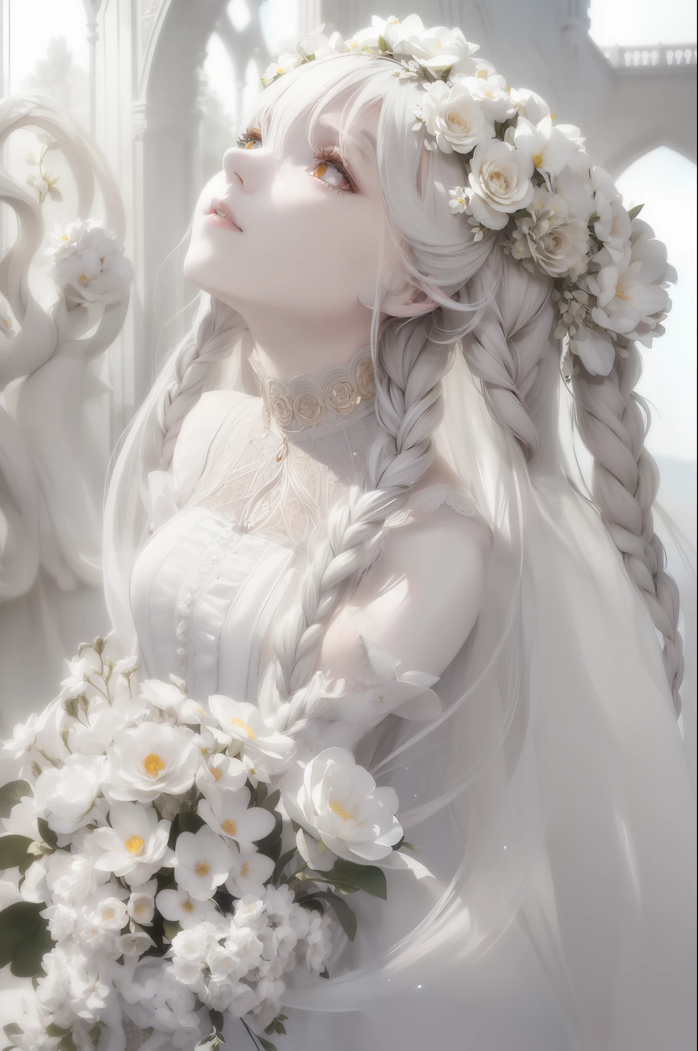(((Superb Masterpiece))), Gray Hair, ((Golden Eyes), ((Delicate Gothic White), ((Looking Up)), Upper Body, ((Hair)), ((Fair Skin)), Side Braids, ((Flower-filled Prairie)), Sunny