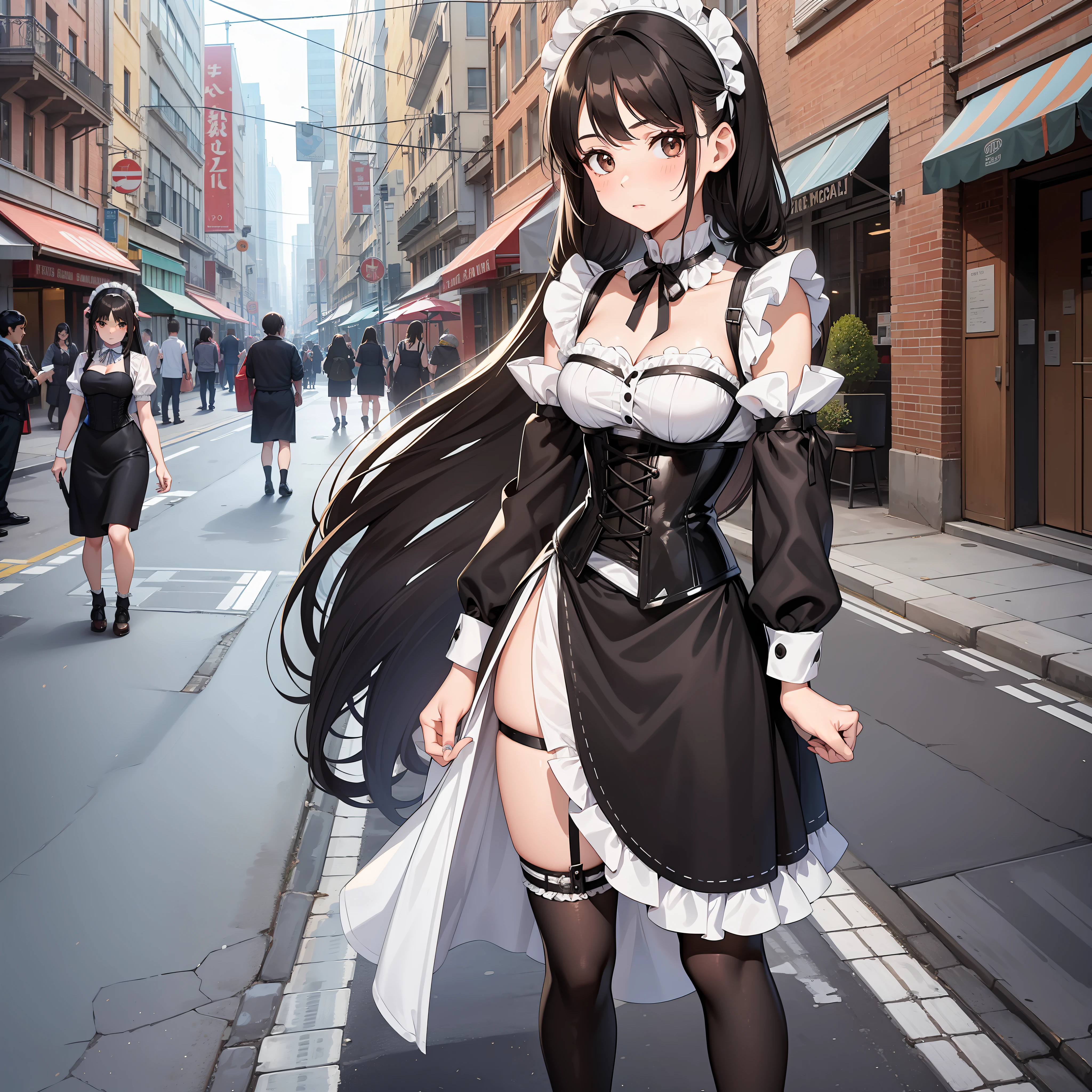30 years age women, corset maid with headbands, perfect face, Glazed eyes, Long black hair hanging down in two pigtails, Streets in the city, brown eyes, zoom out, full body