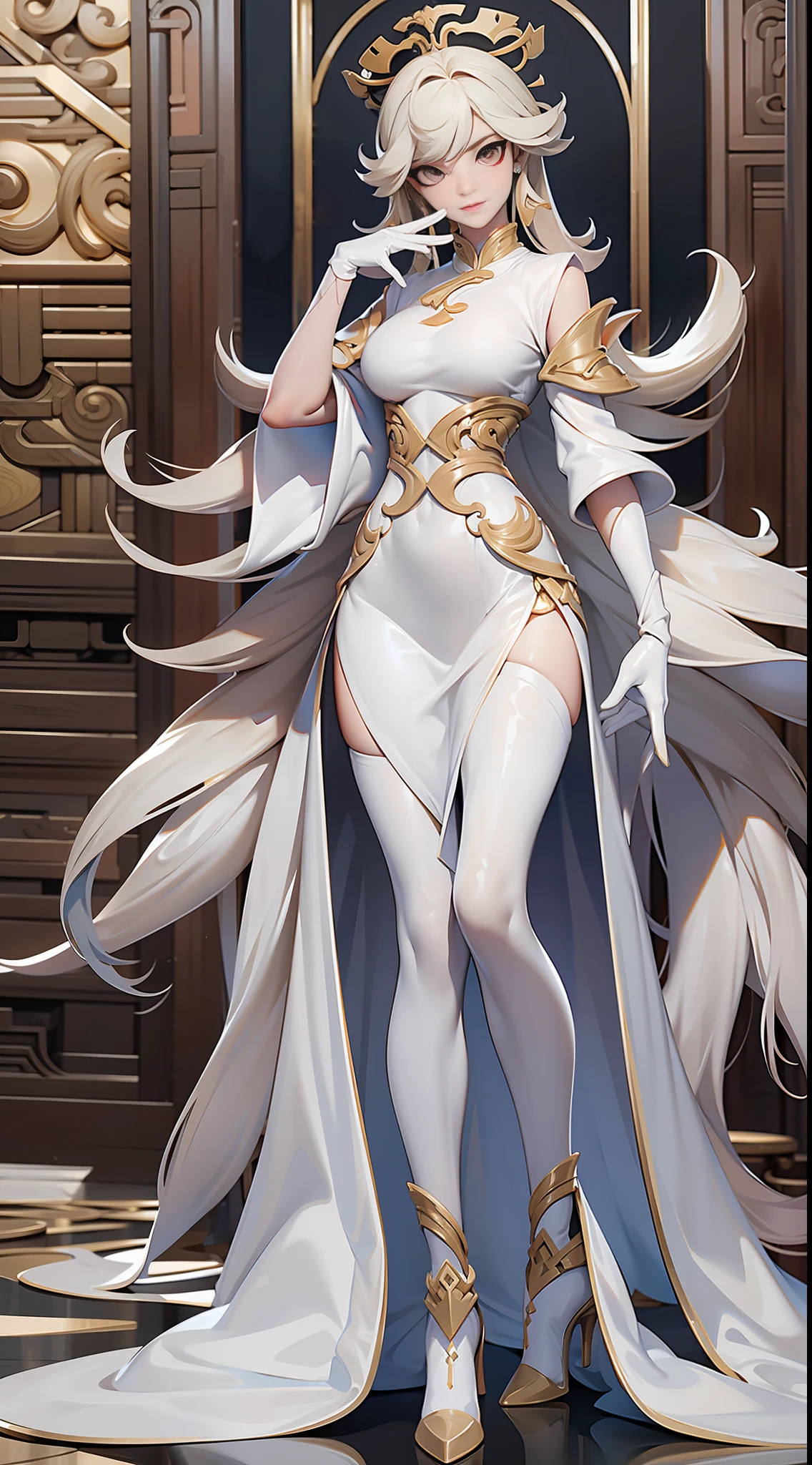 full body picture Unreal Engine 5 8K UHD of beautiful female, tight Chinese white dress, long glove, luxurious accessory, high heels, Chinese style hair, beautiful make up, best quality, masterpiece