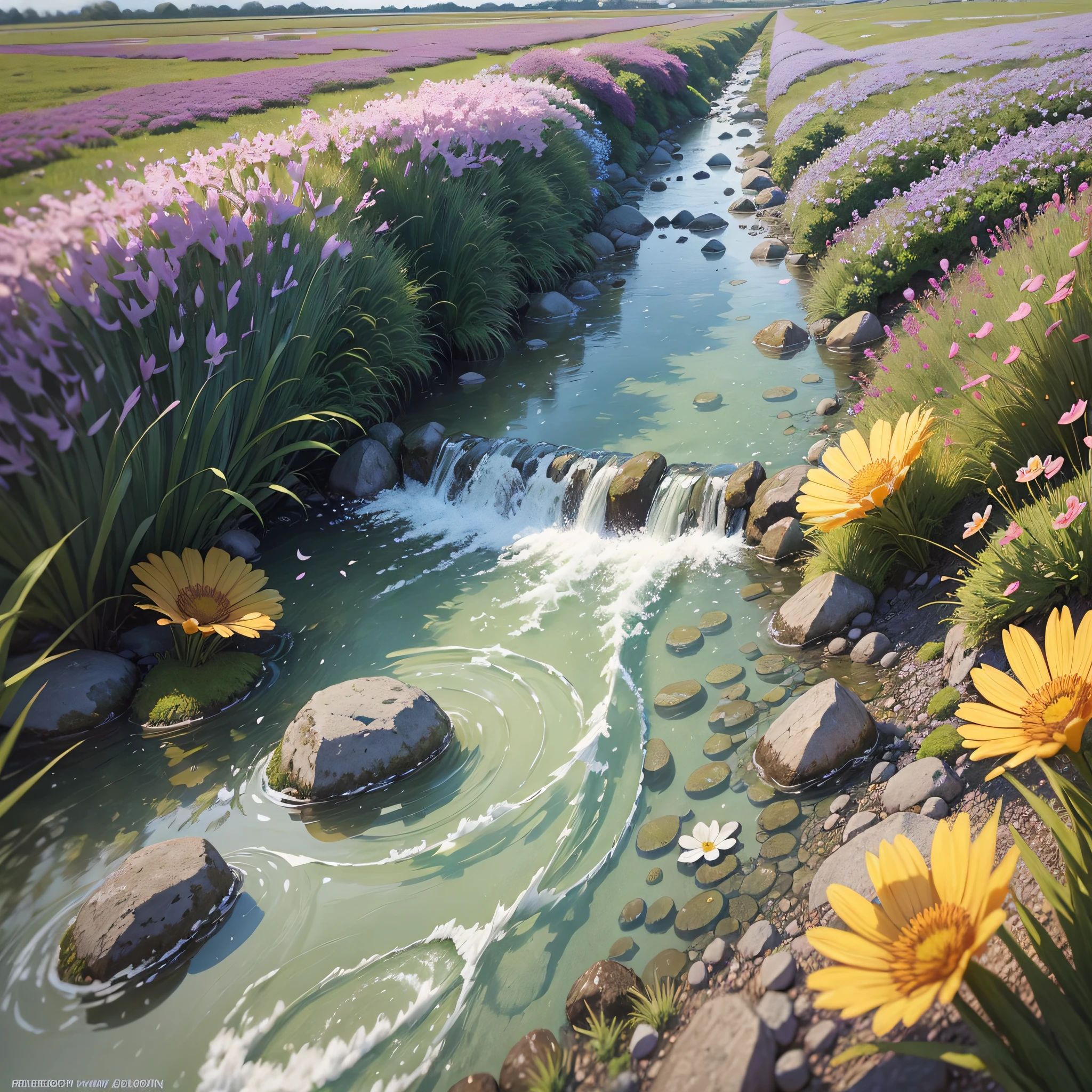 Stream, fish in the water, super detail, best quality, masterpiece, birds, sea of flowers, petals falling on the water, meadow, 32K, sun spilled on meadow, white clouds, blue sky, splash, super hd --auto --s2