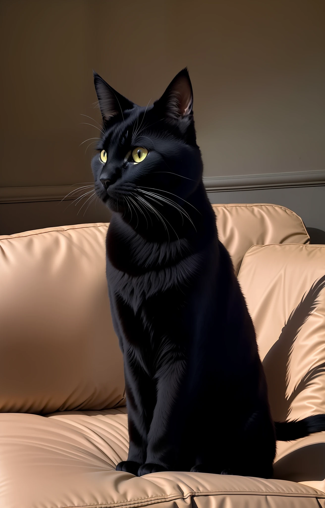 there is a black cat sitting on a couch in the sun, sitting on the couch, taken with sony alpha 9, looking away from the camera, portrait shot, sitting on couch, sitting on a couch, looking away from camera, doing a hot majestic pose, sitting on the sofa, looking to the side off camera, shot with sony alpha 1 camera