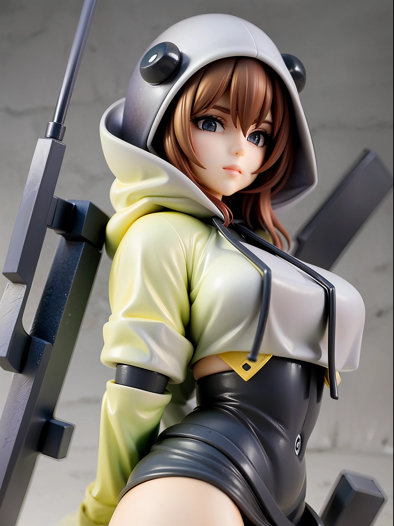 Girl, wearing a hood, neon color, holding a mysterious huge weapon, machine, white background, no background