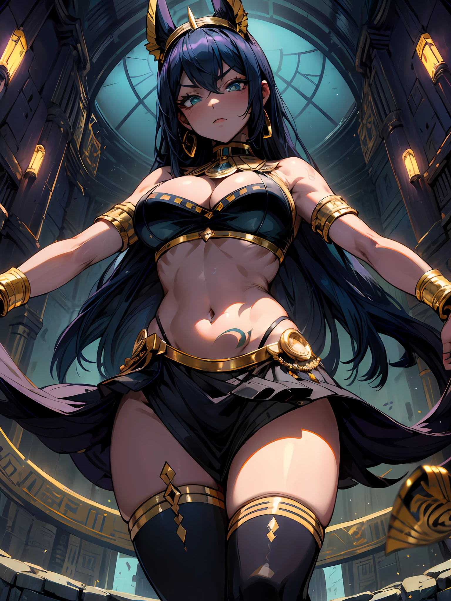 Masterpiece, best quality, illustration, 1girl, ((solo)), solo focus, arm tattoo, bracer, cleavage, medium breasts, long hair, navel, (Dark blue hair), purple skirt, solo, tattoo, thighs, toned, extremely detailed eyes, hands clasped in front position, masterpiece, best quality, absurdres, ultra-detailed, soft lighting, looking at viewer, egyptian servant girls, wide hips, mature female, medium breasts, curvy, shy, (Aqua eyes), (detailed (Black) harem outfit), gold egyptian jewelry, ((shoulders) purple egyptian tattoo), royal gold egyptian pyramid, dutch angle, multiple (egyptian) servant girls in background,