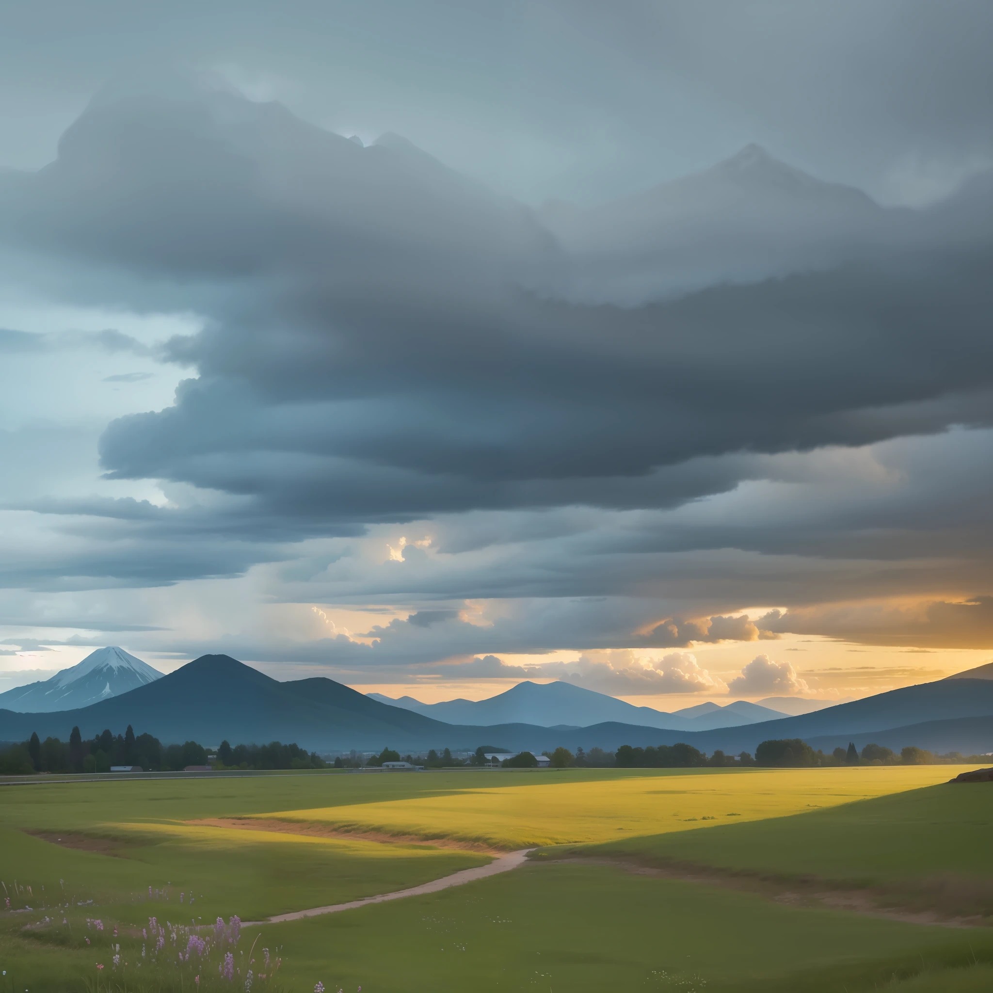 Create an image of a late afternoon landscape, with a mountain in the background and a storm forming in the clouds --auto --s2