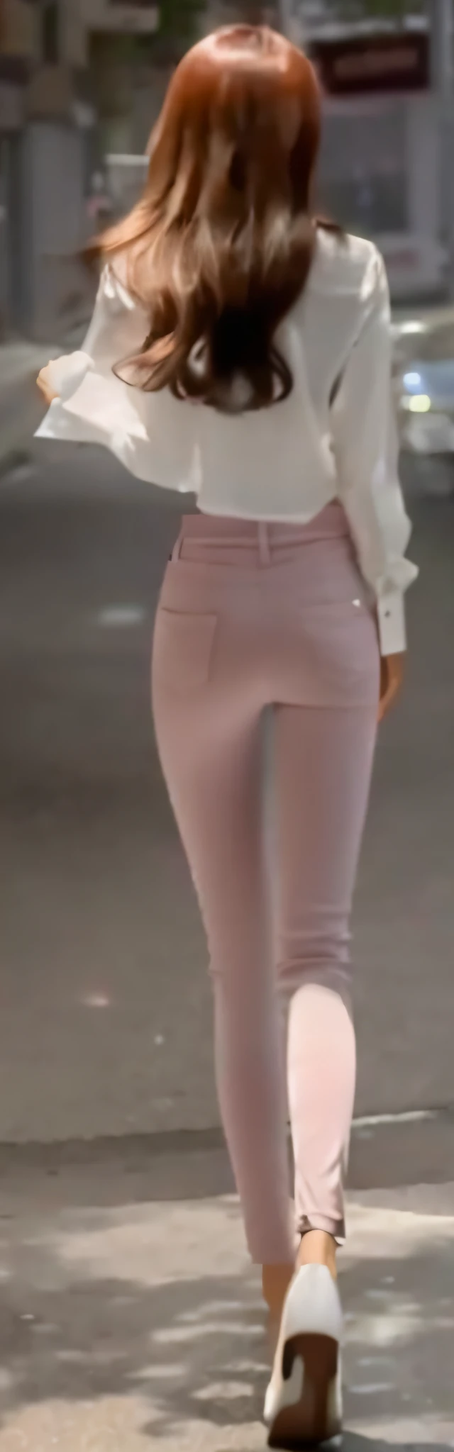 araffe woman in white shirt and pink pants walking down a street, close up to a skinny, thigh gap, slim legs, long legs, hand on hips, extremely close shot, long thin legs, thighs close up, detailed legs looming over you, legs visible, shapely derriere, knees tucked in, leaked footage, middle shot waist up