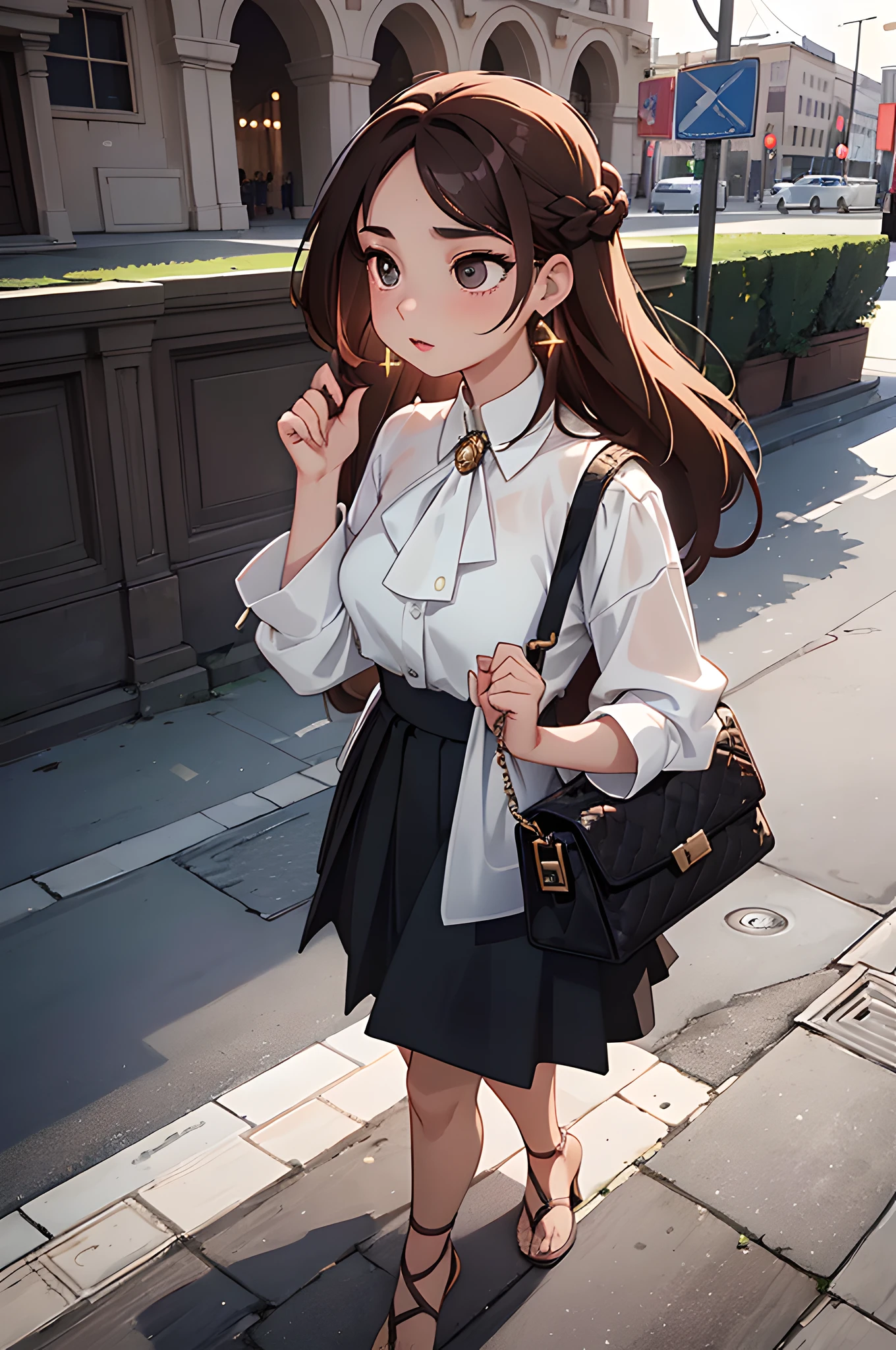 (masterpiece), (portrait), (aesthetic), (beautiful), (upper blody), (high quality), (aesthetic clothings), (professional angle), (rule of thirds), (Feminine), (woman), (female), (beautiful),(feminine features), (25 years), solo, 1 woman, (attractive Argentine), Summer, Warm light, (Poised), Glam Makeup, (Average bust), ((holding a Handbag)), (Straight face), (Confident expression), ((Elegance)), Statement earrings, Earlobe, ((Long hair)), (Chestnut hair), (Updo hair), (Straight hair), Glossy shine hair, (- in hair), (Brown eyes), (Chic look), (Fair skin), (Statement earrings clothing), (Blouse), (Skirt), (Sandals), (Round neck neckline), ((City backdrop background)), (Nobody in background), (Mid shot shot), beautiful hands, two hands, normal hands, two arms, complete hands, beautiful body, beautiful fingers, normal fingers, five fingers, five fingers, (Thumb index meddle ring little fingers), beautiful ears, normal ears, beautiful eyes, shiny eyes, beautiful mouth, beautiful lips,