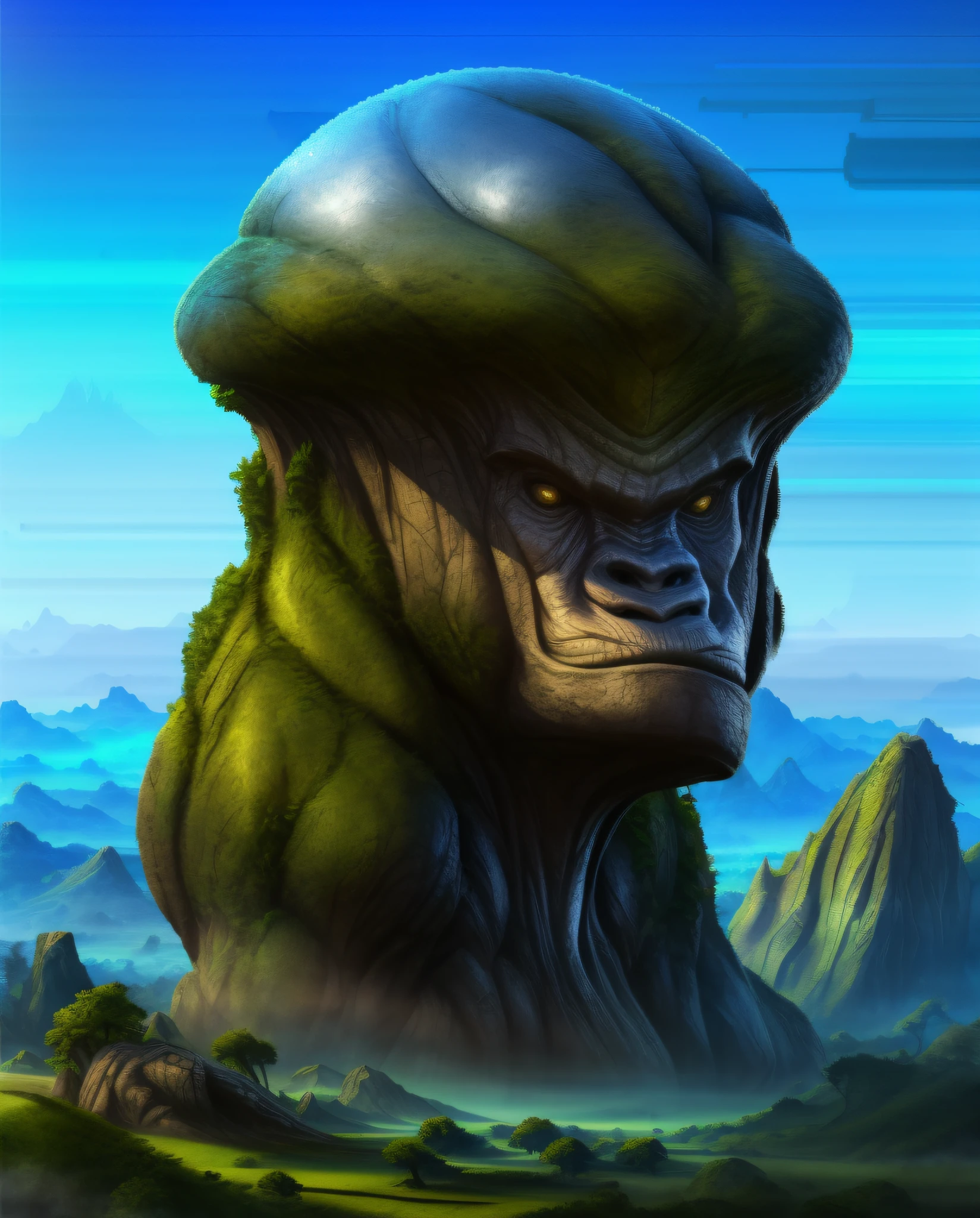 There is a big stone with gorilla face, avatar landscape, lush alien landscape, 4K detail fantasy, fantasy style 8K octane rendering, organic matte painting, fantasy matte painting, cute, concept art wallpaper 4K, impressive fantasy landscape, breathtaking landscape of aliens, realistic fantasy rendering, beautiful alien landscape, 4K highly detailed digital art, amazing alien landscape