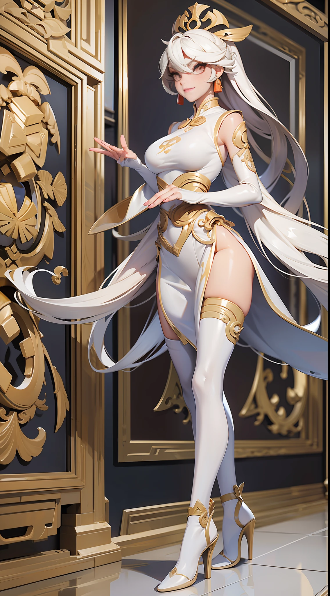 full body picture Unreal Engine 5 8K UHD of beautiful female, tight Chinese white dress, long glove, luxurious accessory, high heels, Chinese style hair, beautiful make up, best quality, masterpiece
