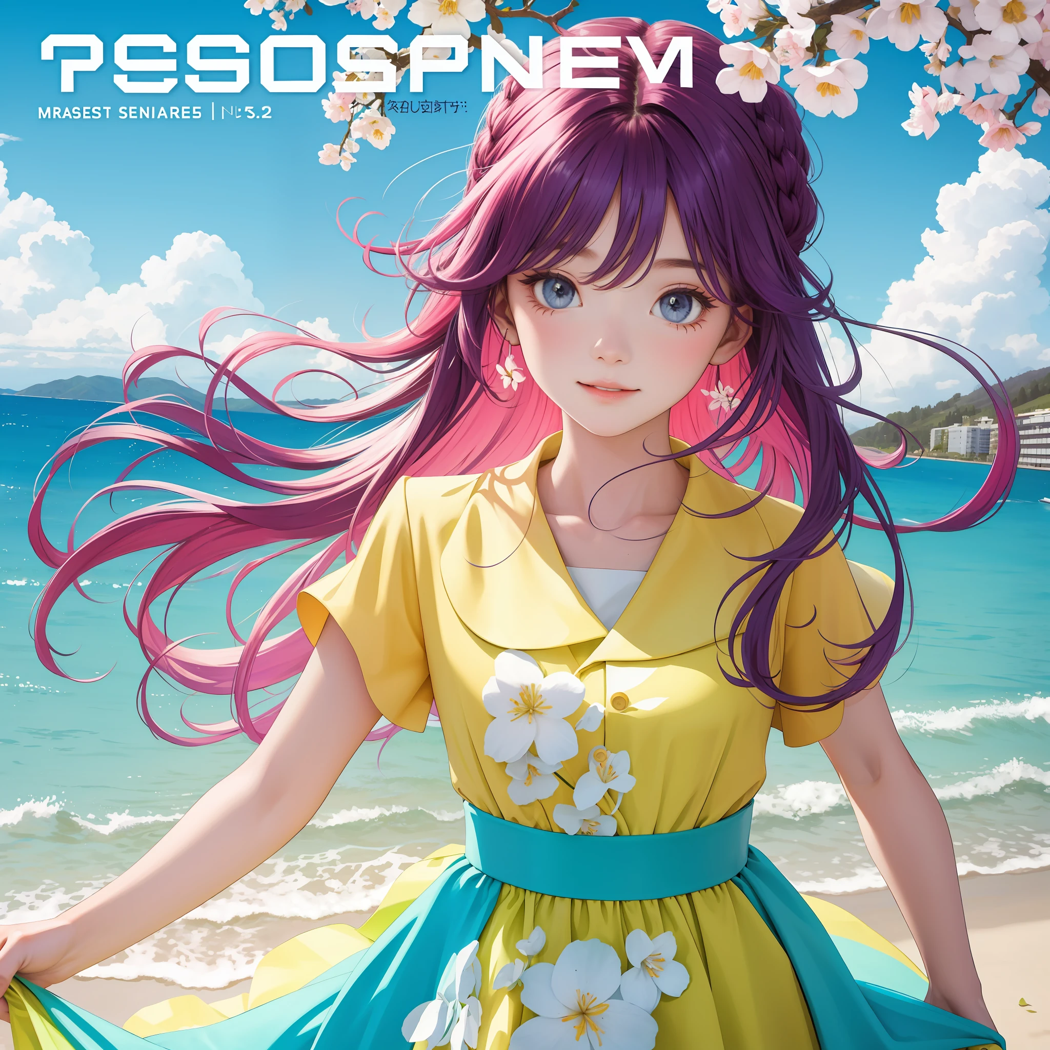 masterpiece, best quality, spring outfit, colorful hair, outdoor, magazine cover ,upper body,