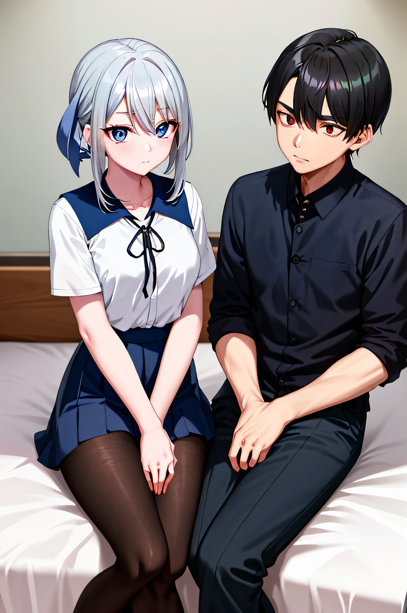 (masterpiece), (best quality), highres, ((((1girl she has gray hair with blue eyes and 1boy he has short black hair with red eyes who are classmates))))), ((((They have different hair colors and eyes do not confuse)))), (draws Kei and kiyotaka ayanokoji looking at each other), (2schoolmates who are Kei and kiyotaka ayanokoji looking at each other),  (kei1), (1girl), solo, ((((she has blue eyes)))), (she has long hair), (she wears a school uniform), (she has ribbon), (she has bangs), collarbone, she has gray hair, she has black hair band, she has neck ribbon, hair between her eyes, she has medium breasts, cowboy shot, she is looking seriously at kiyotaka ayanokoji,  anatomically correct whole body, is inside a school room, is sitting on a bed with her legs together, full detached scenary, (1boy), (kiyotaka ayanokoji), 15-year-old teenager, school uniform white shirt black jacket open jacket red tie long black pants sitting, ((((he has red eyes)))), ((he has short black hair)), anatomically correct whole body,  he has a jesus necklace around his neck, normal legs, wears black shoes, (he's looking at Kei1 or the girl), he's sitting in a chair, he's facing Kei, (full detailed escenario), ((mystery)), ((terror)), ((suspense)), ((They're abrazed)), ((oscuro environment))