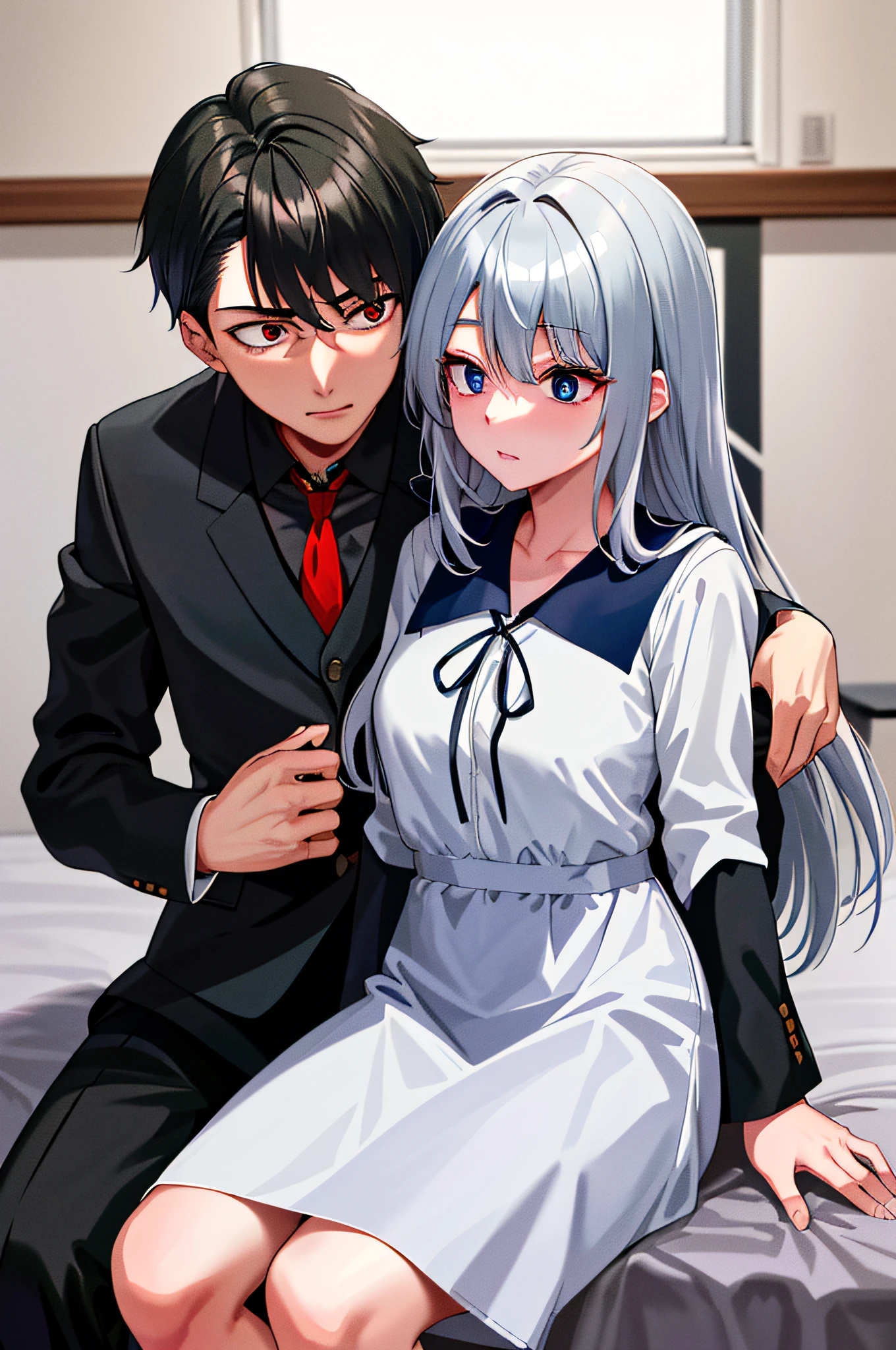 (masterpiece), (best quality), highres, ((((1girl she has gray hair with blue eyes and 1boy he has short black hair with red eyes who are classmates))))), ((((They have different hair colors and eyes do not confuse)))), (draws Kei and kiyotaka ayanokoji looking at each other), (2schoolmates who are Kei and kiyotaka ayanokoji looking at each other),  (kei1), (1girl), solo, ((((she has blue eyes)))), (she has long hair), (she wears a school uniform), (she has ribbon), (she has bangs), collarbone, she has gray hair, she has black hair band, she has neck ribbon, hair between her eyes, she has medium breasts, cowboy shot, she is looking seriously at kiyotaka ayanokoji,  anatomically correct whole body, is inside a school room, is sitting on a bed with her legs together, full detached scenary, (1boy), (kiyotaka ayanokoji), -yeld teger, school uniform white shirt black jacket open jacket red tie long black pants sitting, ((((he has red eyes)))), ((he has short black hair)), anatomically correct whole body,  he has a jesus necklace around his neck, normal legs, wears black shoes, (he's looking at Kei1 or the girl), he's sitting in a chair, he's facing Kei, (full detail escenario), (mystery), (terror), (suspense), (they're hugged)