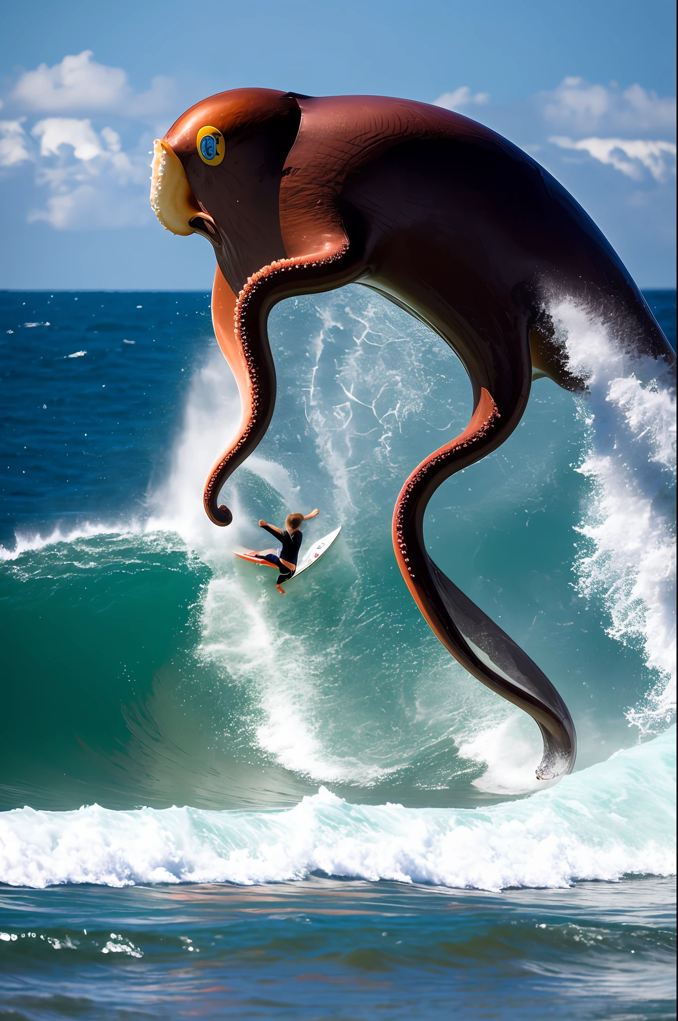 A woman surfer going into to ocean while a gigantic octopus is coming out of the ocean, photography