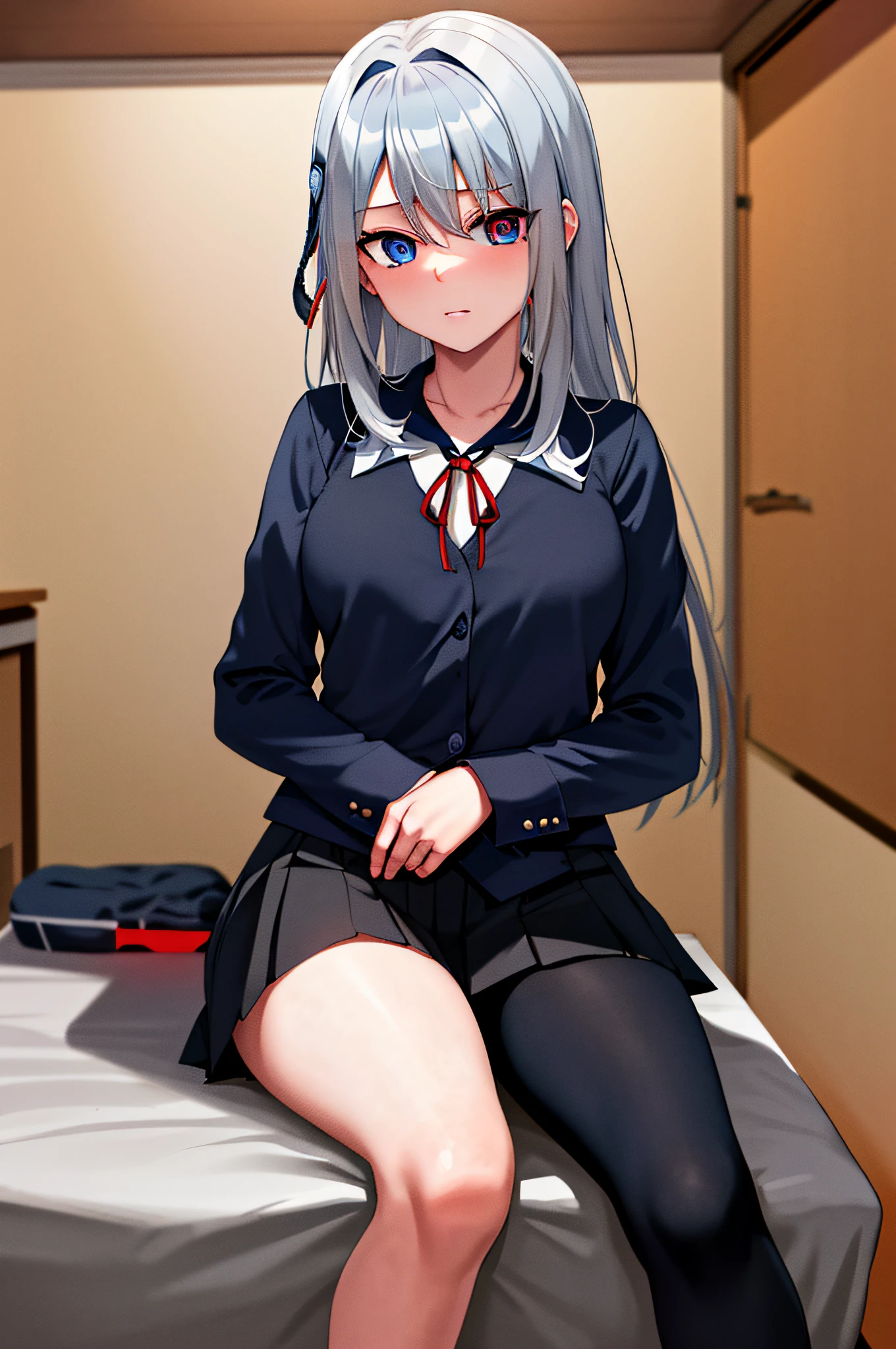 (masterpiece), (best quality), highres, ((((1girl she has gray hair with blue eyes and 1boy he has short black hair with red eyes who are classmates))))), ((((They have different hair colors and eyes do not confuse)))), (draws Kei and kiyotaka ayanokoji looking at each other), (2schoolmates who are Kei and kiyotaka ayanokoji looking at each other), (kei1), (1girl), solo, ((((she has blue eyes)))), (she has long hair), (she wears a school uniform), (she has ribbon), (she has bangs), collarbone, she has gray hair, she has black hair band, she has neck ribbon, hair between her eyes, she has medium breasts, cowboy shot, she is looking seriously at kiyotaka ayanokoji, anatomically correct whole body, is inside a school room, is sitting on a bed with her legs together, full detached scenary, (1boy), (kiyotaka ayanokoji), -yeld teger, school uniform white shirt black jacket open jacket red tie long black pants sitting, ((((he has red eyes)))), ((he has short black hair)), anatomically correct whole body, he has a jesus necklace around his neck, normal legs, wears black shoes, (he's looking at Kei1 or the girl), he's sitting in a chair, he's facing Kei, (full detail escenario), (mystery), (terror), (suspense), (they're hugged)