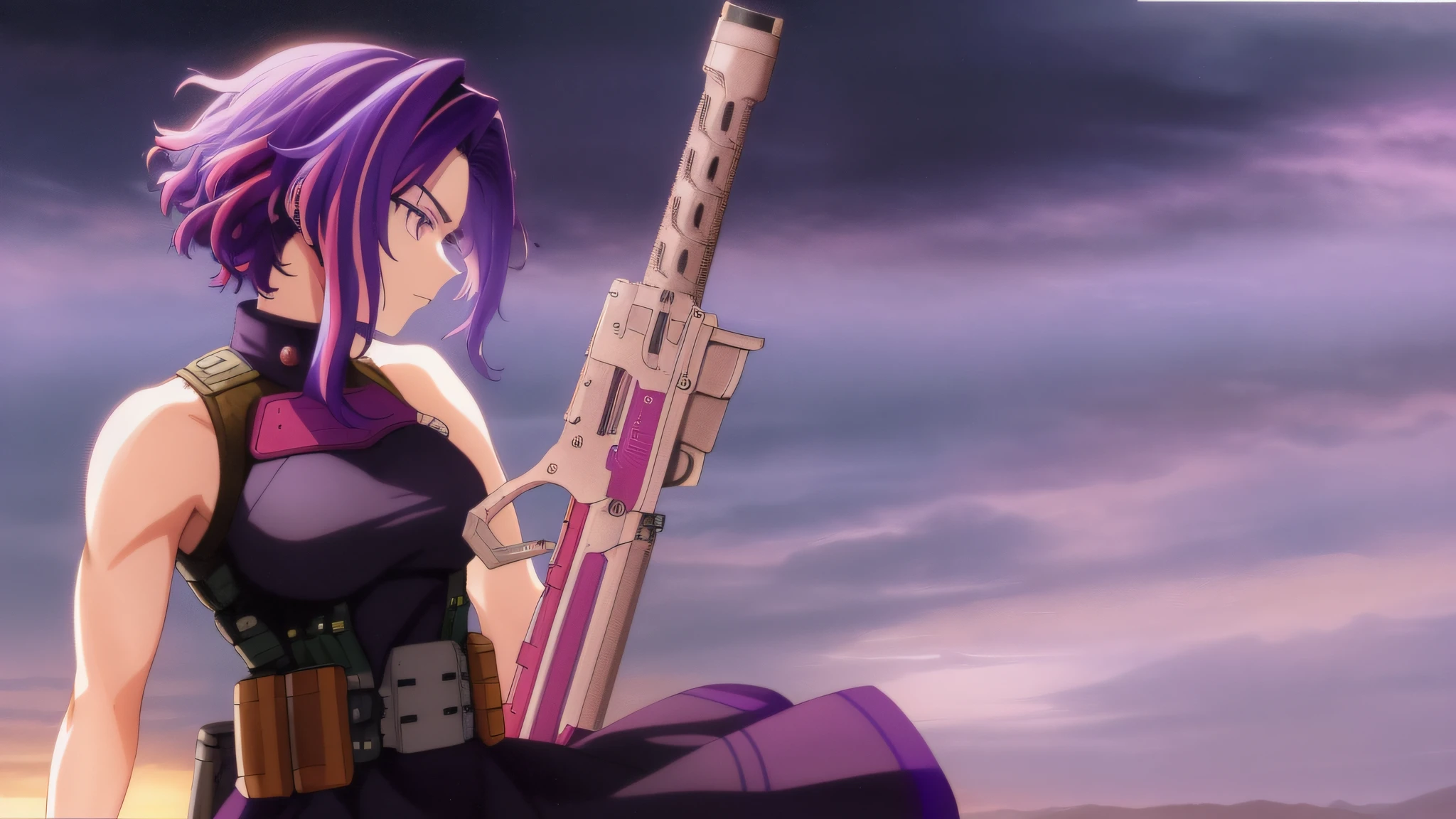 Scan, (Extremely Detailed CG Unit 8k Wallpaper: 1.1), Highres, (1Girl), Lady Nagant, Boku No Hero Academia, (Purple Hair), (Multicolored Hair), (Short Hair), (Purple Eyes), Extremely Detailed Eye, Black Dress, Sleeveless, Breasts, Belt, Side View, Profile View, Long Gun